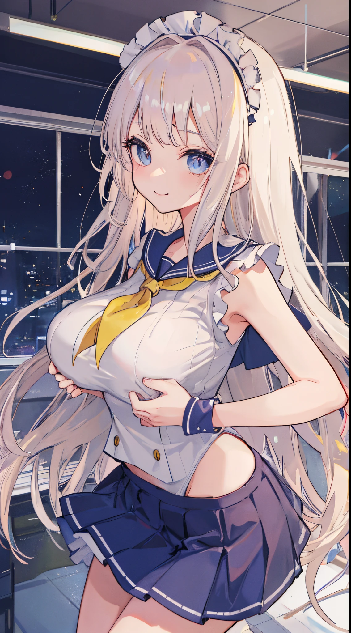 top-quality、realistic touch,high-detail、photoRealstic、Long body、captive beauty、big eye、Colossal tits、Strong platinum blonde eyelashes、platinum-blond、full body Esbian、Sparkling eyes、Submissive smile、Flushed cheeks、Kamimei、thin-waist、Voluptuous thighs、Enraptured look、Raked bangs、The forehead is protruding、Tight sailor uniform、sleeveless、Tight and short skirt with a large slit、Inside a school classroom、She isn't not wearing panties、High-waisted skirt、maid costume