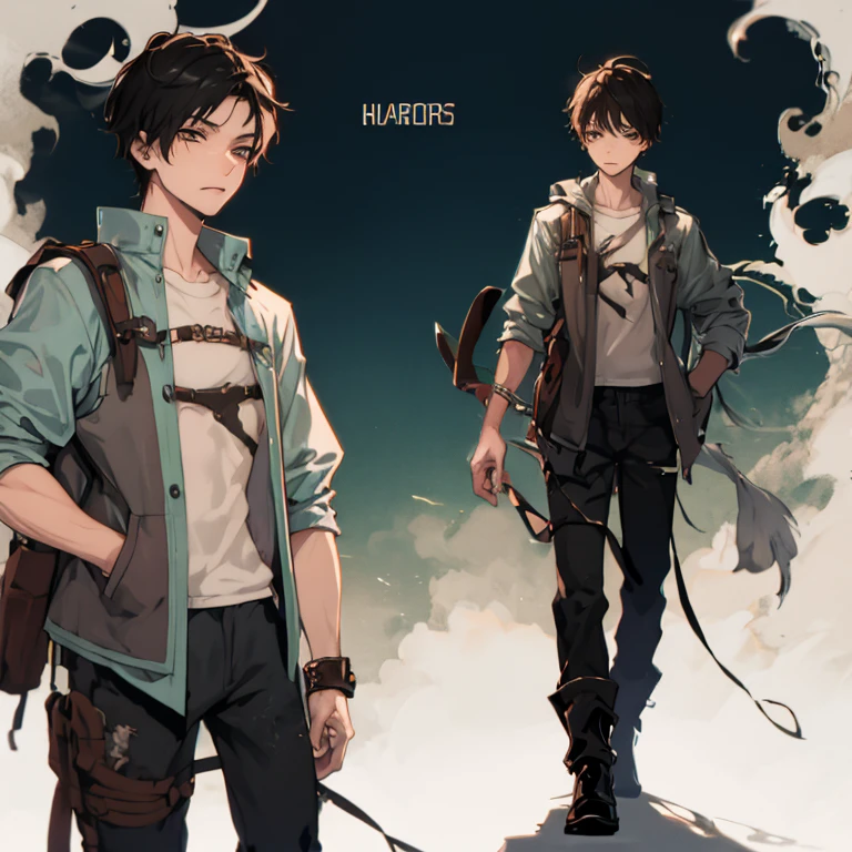 One male character, post apocalyptic setting, gentle looking, young man, short hair, backpack, survivor of apocalypse, soft features, cute looking, messy hair