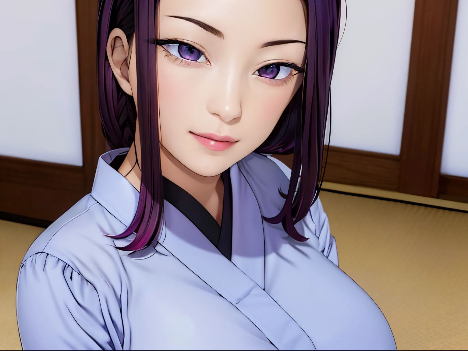 High resolution, Highest Quality, Illustration, super detailed, (Detailed face), (Detailed eyes), Cinematic lighting, Best Quality, super detailed, masutepiece, fine lines, 1girl in, Solo, Red hair, Purple eyes,, Bright eyes, Large breasts, Clear, (Colorful), Upper body, scissors in hand, Indoor, Well-behaved girl, japanese imperial uniform