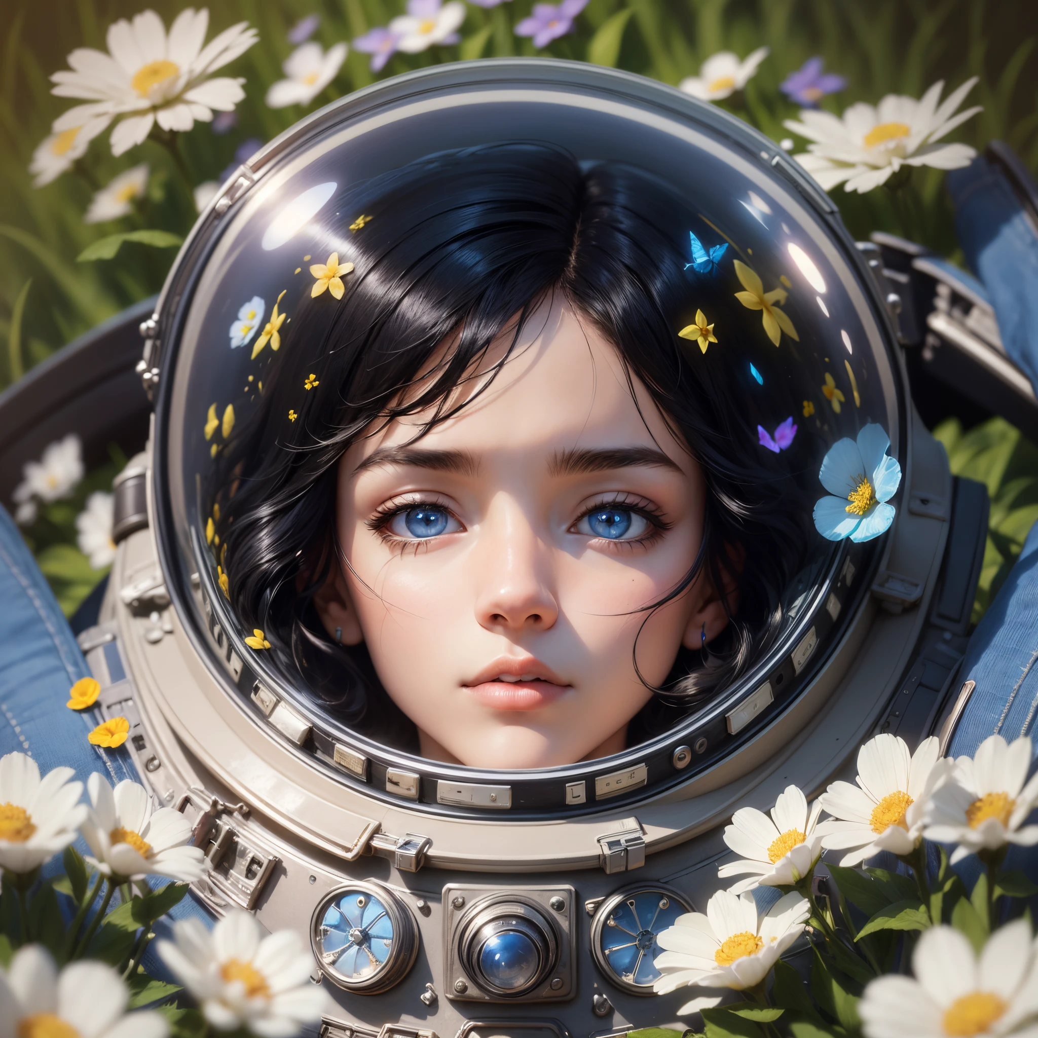(masterpiece, best quality), cinematic composition, letterboxed, depth of field, solo focus, astronaut lying in a field of flowers with resting on the ground, gloves, flower, black gloves, spacesuit, science fiction, sunlight, black hair, blue eyes, looking at viewer --auto --s2