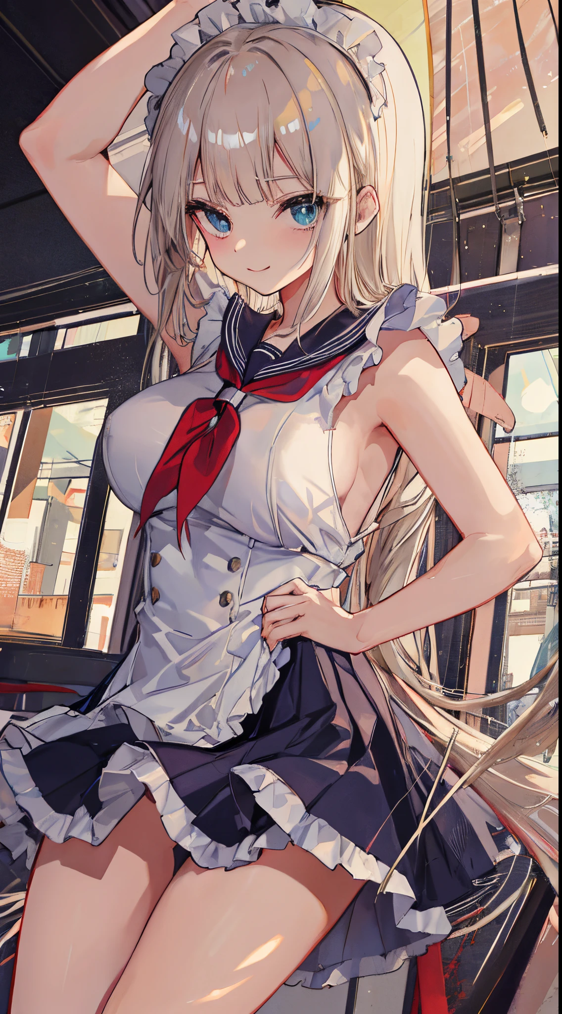 top-quality、realistic touch,high-detail、photoRealstic、Long body、captive beauty、big eye、Colossal tits、Strong platinum blonde eyelashes、platinum-blond、full body Esbian、Sparkling eyes、Submissive smile、Flushed cheeks、Kamimei、thin-waist、Voluptuous thighs、Enraptured look、Raked bangs、The forehead is protruding、Tight sailor uniform、sleeveless、Tight and short skirt with a large slit、Inside a school classroom、She isn't not wearing panties、High-waisted skirt、maid costume