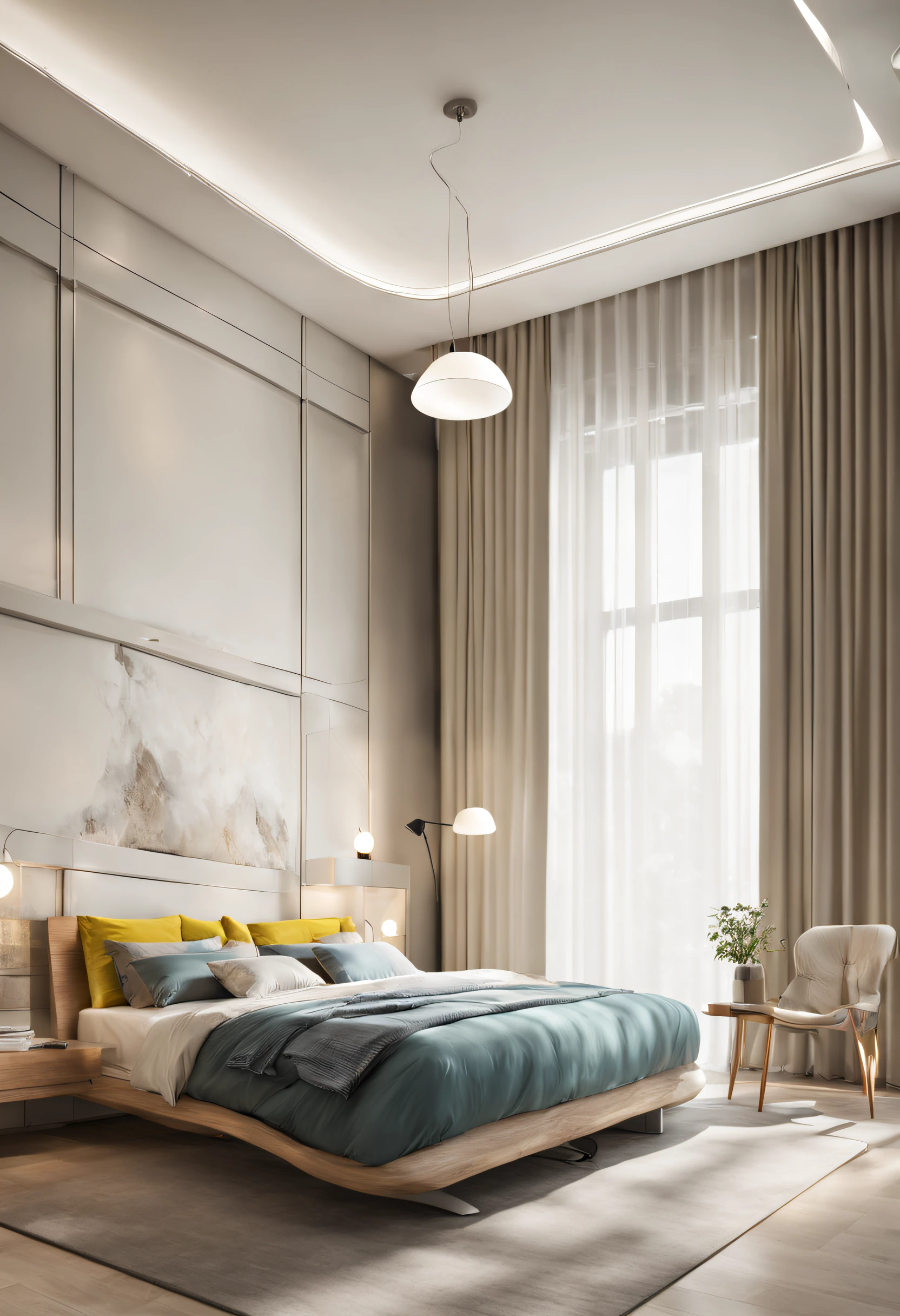 (((best quality, masterpiece))), (surreal, optical: 1.2), high quality, (daylight: 1.2), perfect lighting, modern bedroom, main material (wood, white wall, white wall), bed in front of wardrobe, full-height wardrobe, carpet under the bed, white bed-height nightstand, bedside lamp, Modern, side glass window left bed, rainbow curtain, wall table, wall mounted bookshelf. Dynamic lighting, Daylight