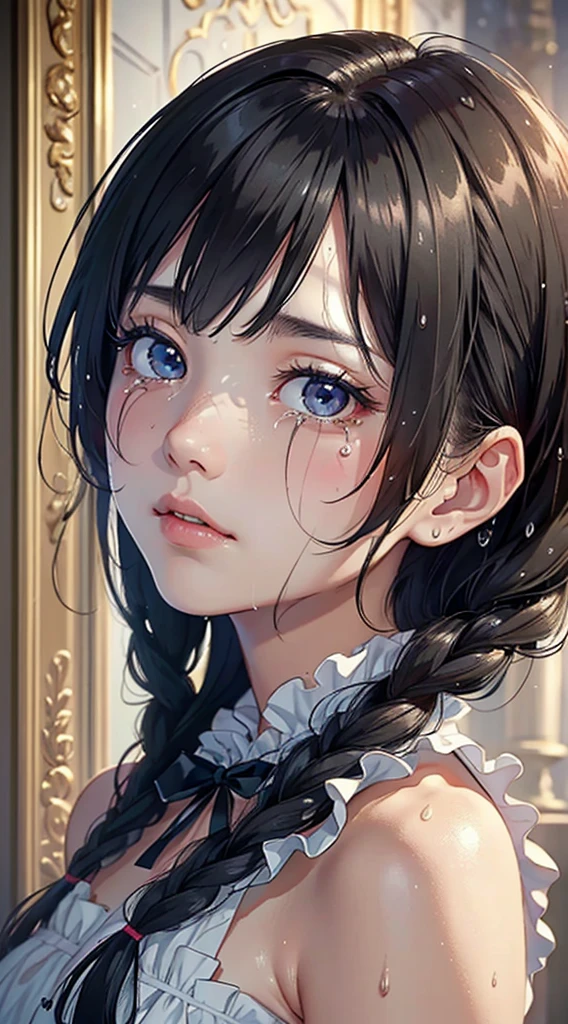 Masterpiece – Masterpiece ○○ Quality – ○○ Quality Best Quality(Best quality at best) , high high quality(high high quality)　Wait ○○ Detailed – ○○ Detailed super detailed(ultra - detailed ) , Very meticulous(very detailed lines)　etc ○○ res – ○○ resolution ultra high res(超A high resolution) , Very high resolution(A high resolution)　Waiting for reality – reality photo reality – photo reality beautiful – beautiful 4k , 8K , 16K – 4K image quality , 8K , 16k  different - obviously the best aesthetic - the supreme aesthetic ，Marie Antoinette，palace of versailles，huhd，1人，Hairstyles 、(((())))、(((Looks like a face that has been crying)))、(((Sweat-Wet Skin)))