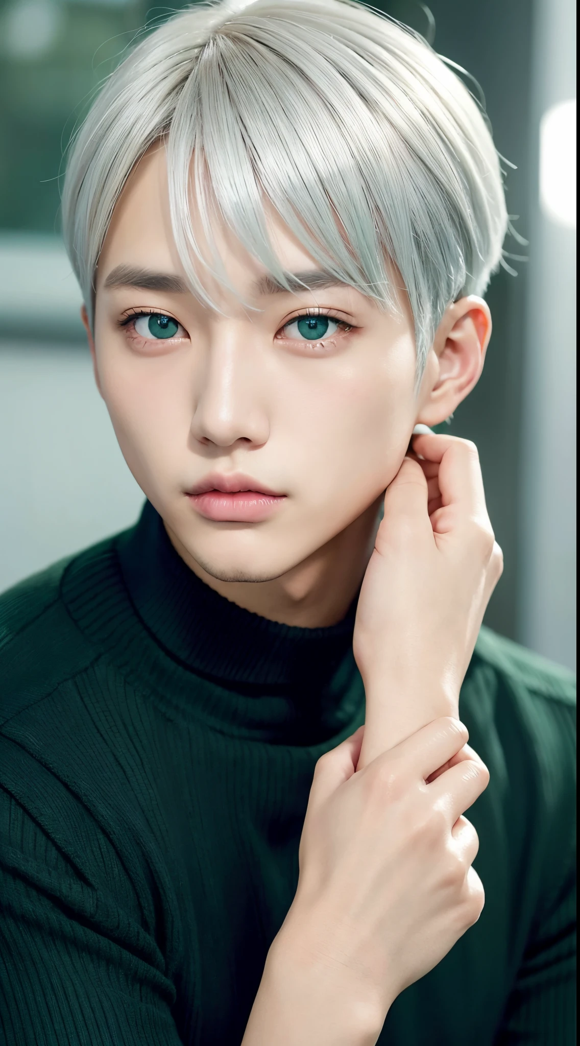 cool korean man、silver hair cut、green colored eyes、fashion modell