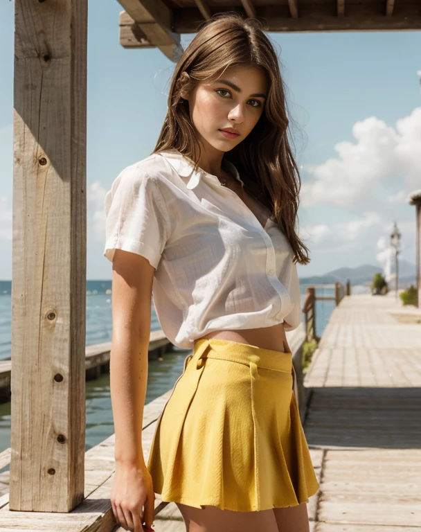 Mujer arafed con camisa amarilla y falda a cuadros posando en un muelle,  con cabello largo y rubio, hermosa chica rubia, , BLONDE CHILD girl, Diosa rubia, Hermosa chica modelo, wearing honey - themed miniskirt, Una hermosa rubia, Mujeres rubias, amarillo y rojo, look sexy, Ropa roja y amarilla, con cabello largo y rubio