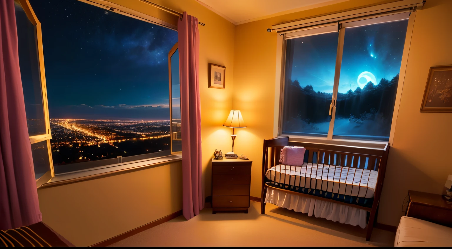 room at night,There a beautiful night view outside the window,There#39;s a baby#39;s crib inside