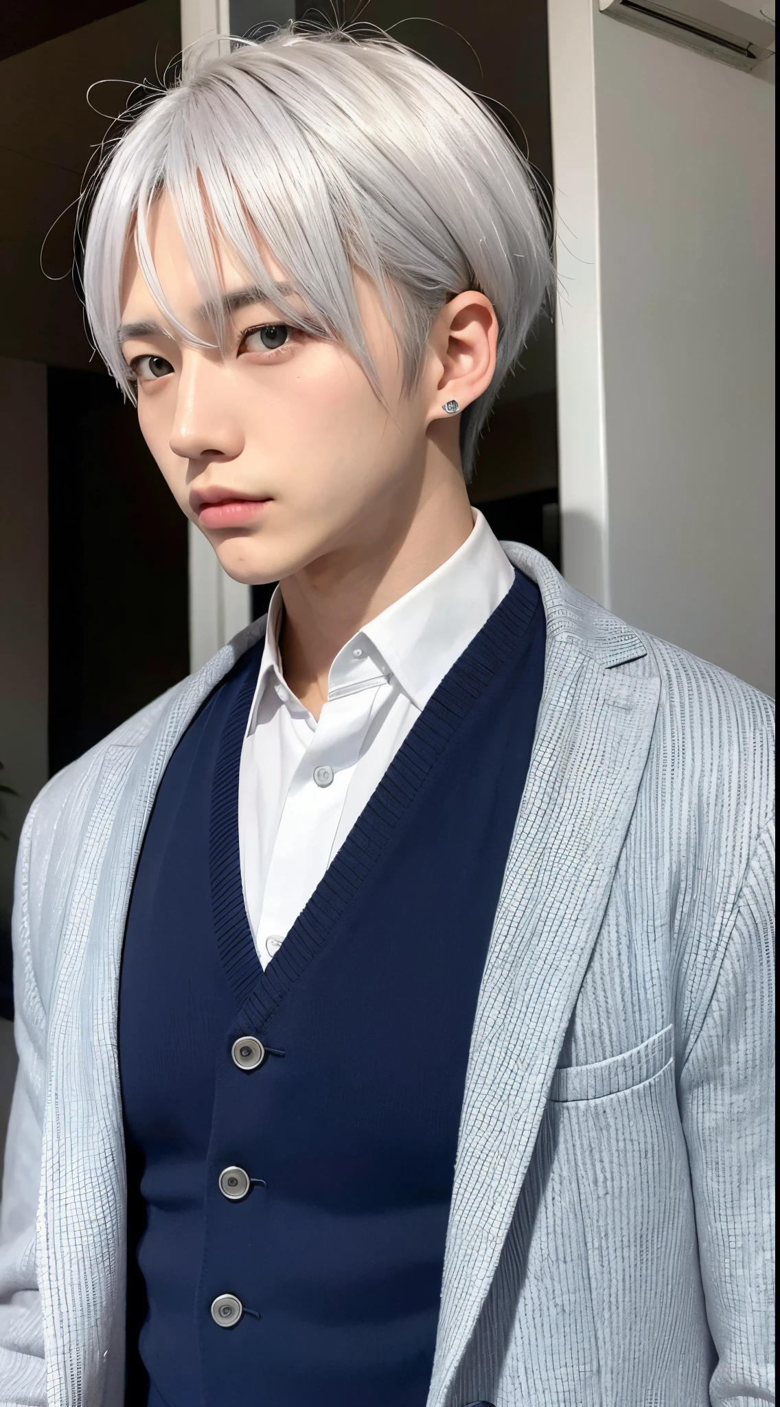 cool korean man、silver hair cut、Indigo eyes、fashion modell