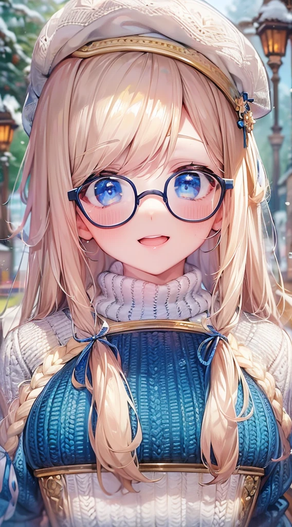 masterpiece, beautiful detailed grow, season winter, head tilt, soro blonde bob woman, blue eyes:1.4, glossy mouth, glasses, Alluring smile, head is blue beret, tops is blue knit sweater, bottoms is blue skirt, background Enchanted garden.