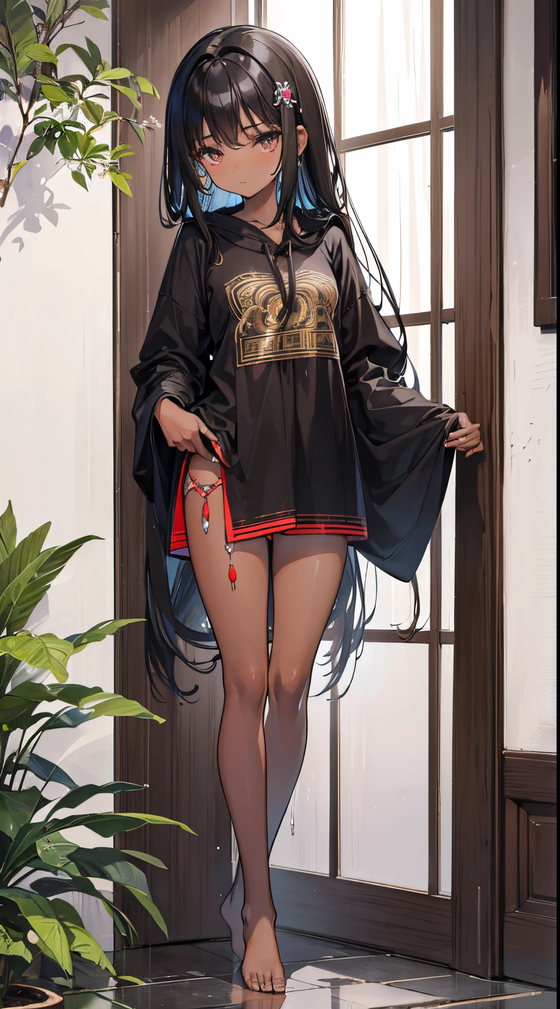 femboi, ((Masterpiece)), (1 girl), (Cute: 2.0), The face is extremely detailed, Enchanted expression, Strong gaze, Black Double French Braid, (Thin structure), Japanese girl, Slightly round face, Tanned brown face, Healthy face, Big eyes, Shorts, Thin thighs, (Small chest), confident pose, harsh, Almond-shaped eyes, rich palette,,toeless legwear,neck chain, tall