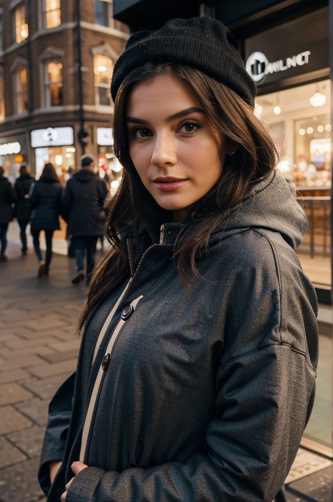 pretty woman in London, wearing pin winter clothing, distant shot