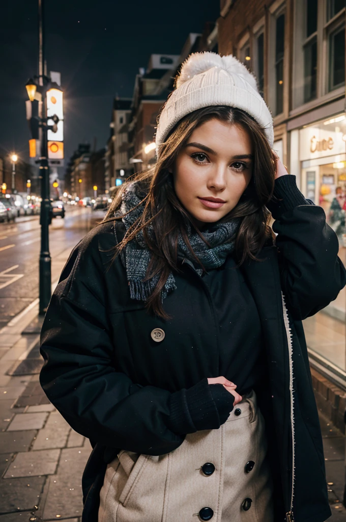 pretty woman in London, wearing pin winter clothing, distant shot