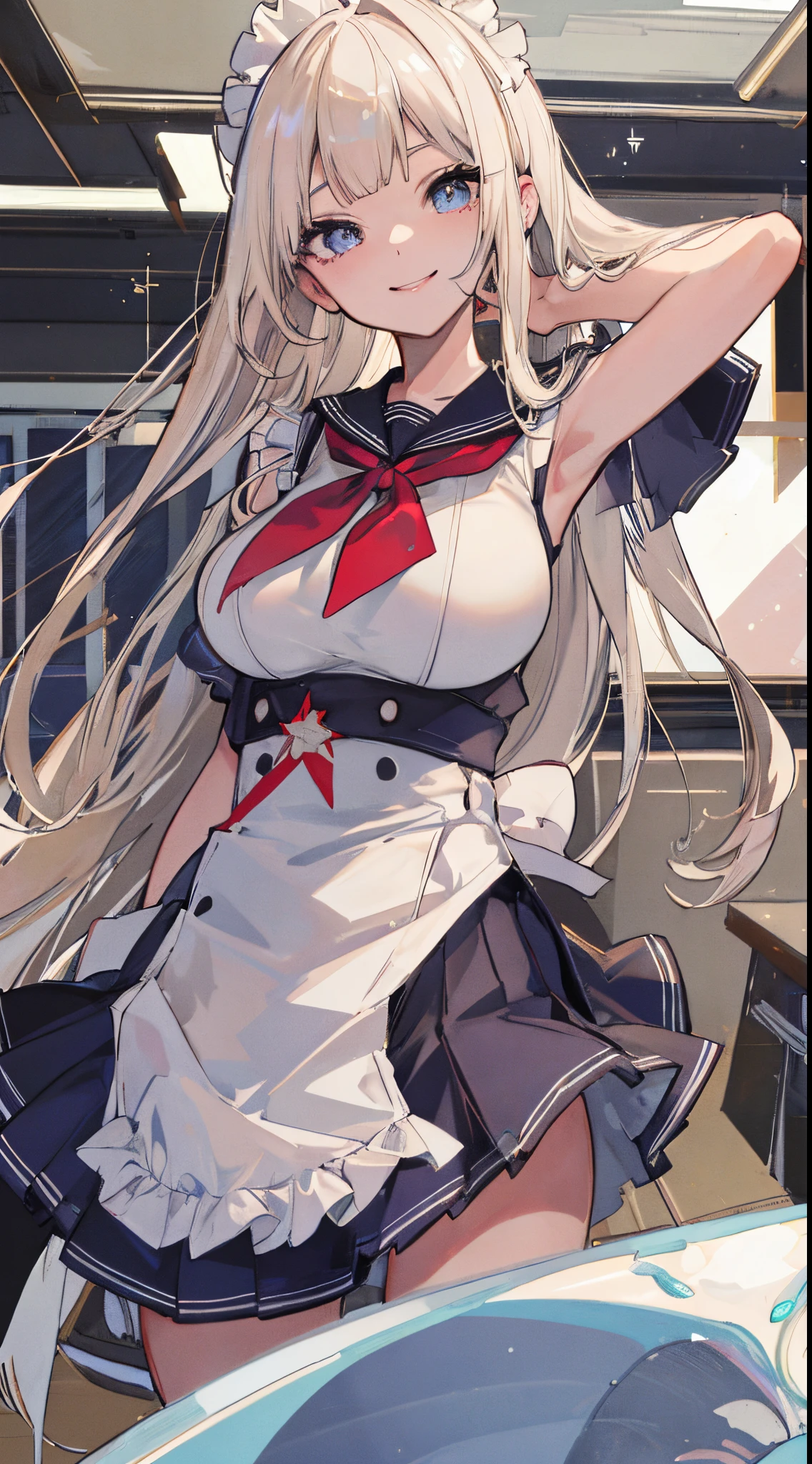 top-quality、realistic touch,high-detail、photoRealstic、Long body、captive beauty、big eye、Colossal tits、Strong platinum blonde eyelashes、platinum-blond、full body Esbian、Sparkling eyes、Submissive smile、Flushed cheeks、Kamimei、thin-waist、Voluptuous thighs、Enraptured look、Raked bangs、The forehead is protruding、Tight sailor uniform、sleeveless、Tight and short skirt with a large slit、Inside a school classroom、She isn't not wearing panties、High-waisted skirt、maid costume