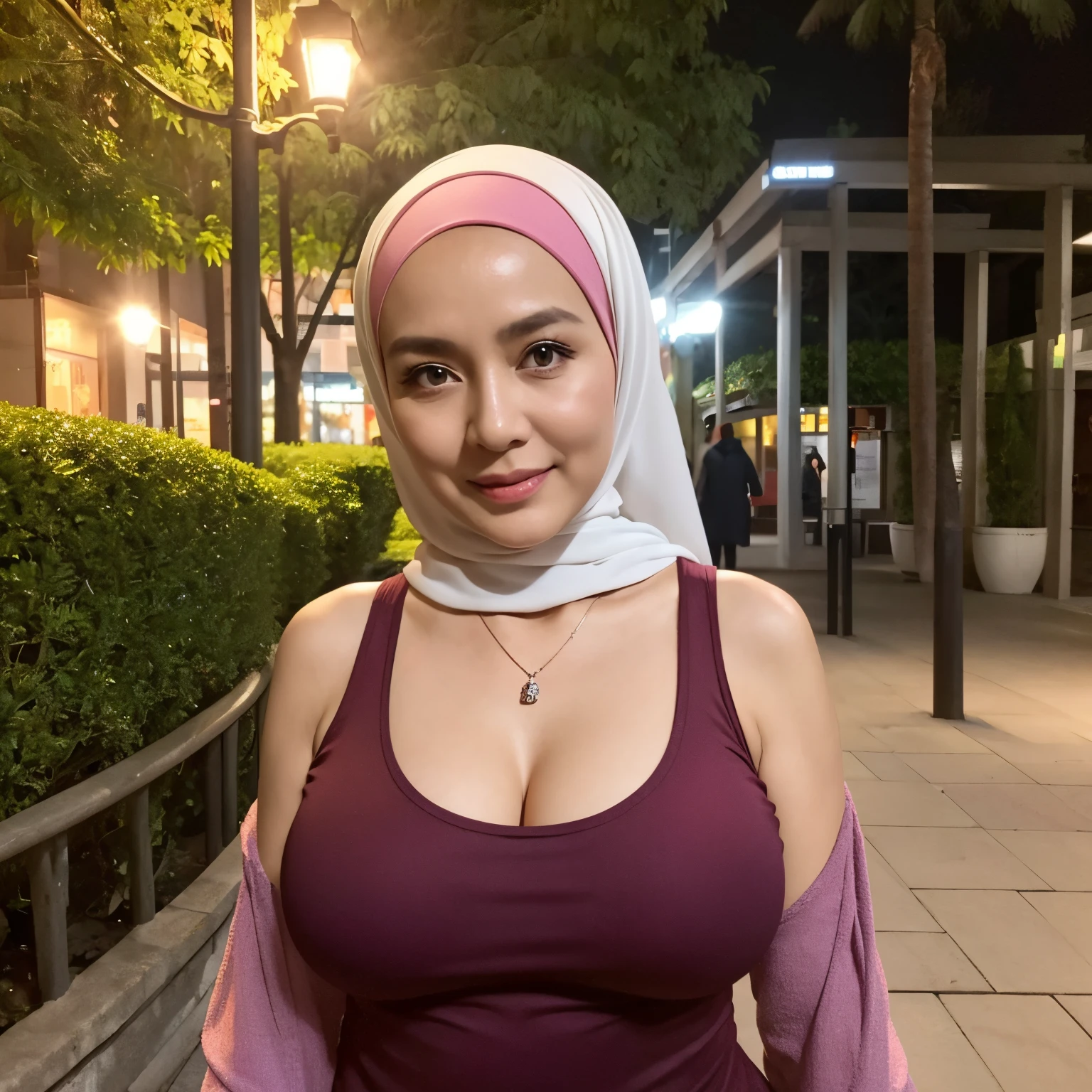 58 Years old, Indonesian mature woman, wearing Hijab, perfect , natural Gigantic breast : 66.9, gorgeous eyes, Soft smile, wear a Long-Sleeve Tank Top, No Wearing Bra, necklace, hairband, Breast burst Out, Nightime walk, City garden, Excellent lighting, Light colors, Clean Lines