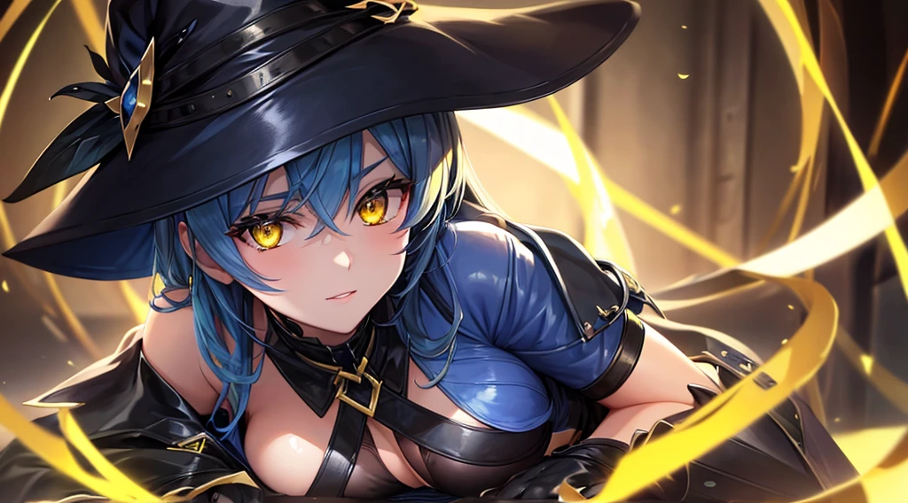 A bewitching beauty with yellow eyes and a long blue-black leather suit.