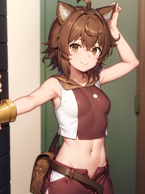 (anime screen cap,
1girl in, Upper body, Brown hair, Navel, Closed mouth,Smile, Midriff, Skirt, Brown eyes, Solo,Short hair, Belt bag, Open belt, mid-chest tuck ground, Ahoge, Standing, posed, Blood, Tortured),(1 man)，Animal ears