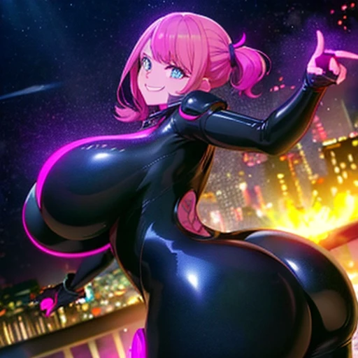 Night city、Jumping、Vibrant poses、Colossal tits、Big round、wide boobs、gargantuan butt、Big round buttocks、Upturned buttocks、spark of light、evil smile、Provocative facial expressions、、rubbersuit、The upper body is exposed、lower body exposure、Multiple people、a blond、Pink hair、Black hair、、glowing heart tattoo、Eye highlights are gone、Evil Organizations、Phantom Thieves、Pubic hair shows through