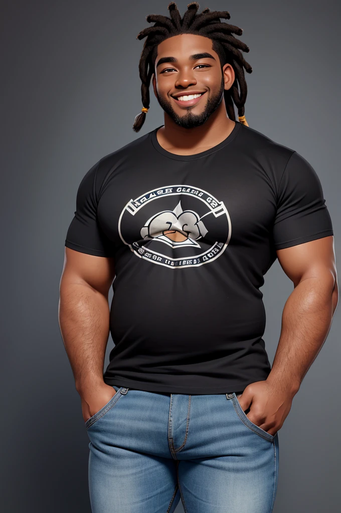 handsome and beautiful chubby black man smirking with natural dreadlock hair half body shot wearing a black t-shirt and jeans