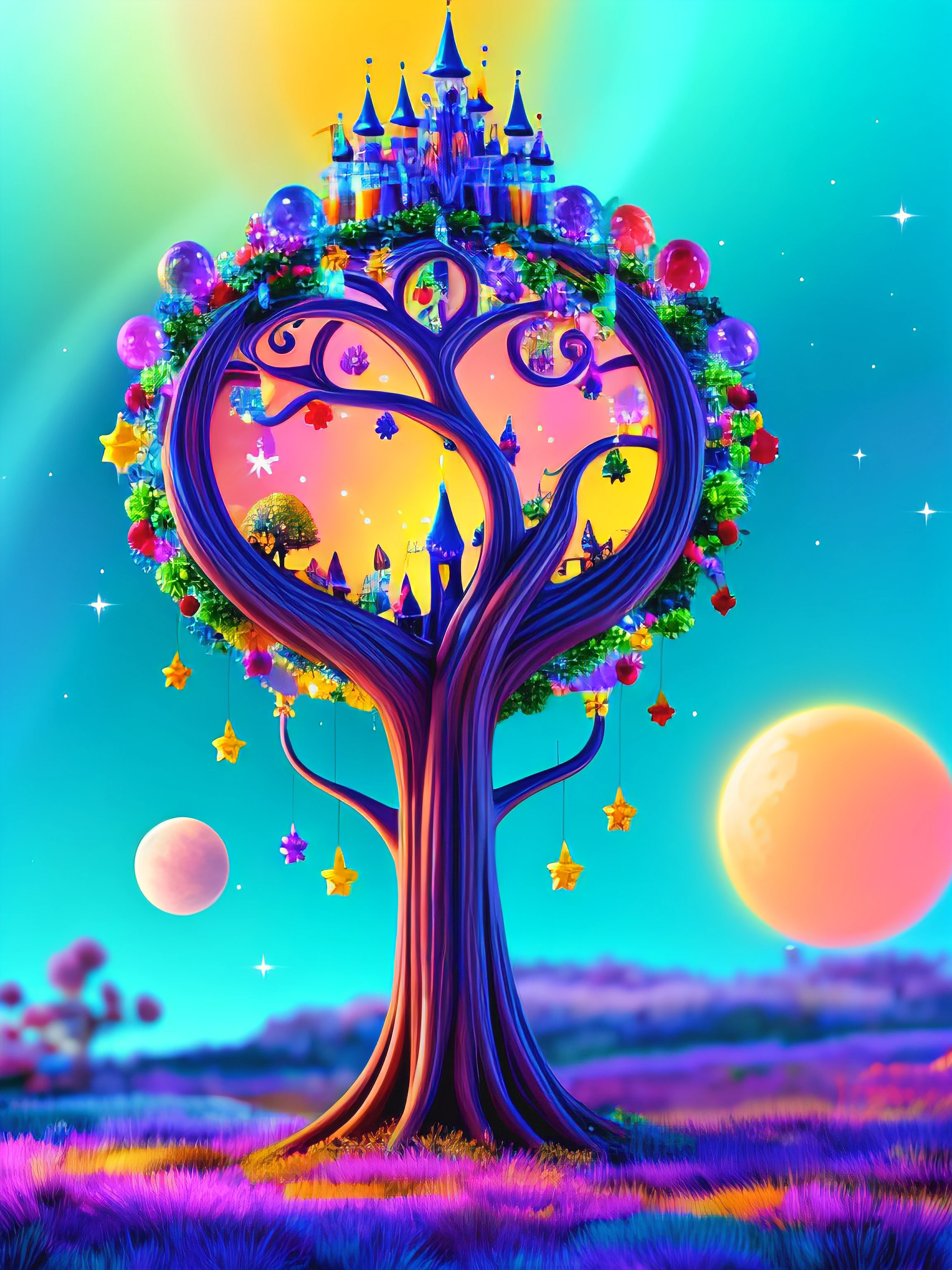 detailed high quality highres 8k high saturation enchanted tree containing a magical kingdom