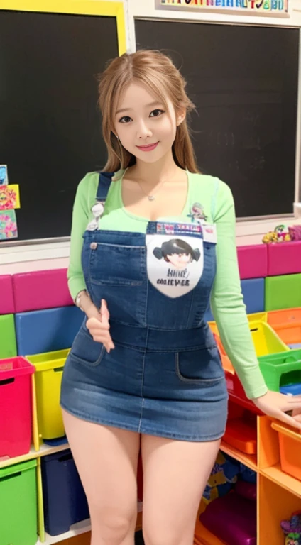 top-quality、8K、Beautiful skin、(huge beautiful breasts、Ultramammy),Very slender、beautiful eyes beautiful kindergarten teacher),Beautiful hair、(pinafore)、Children's playground、