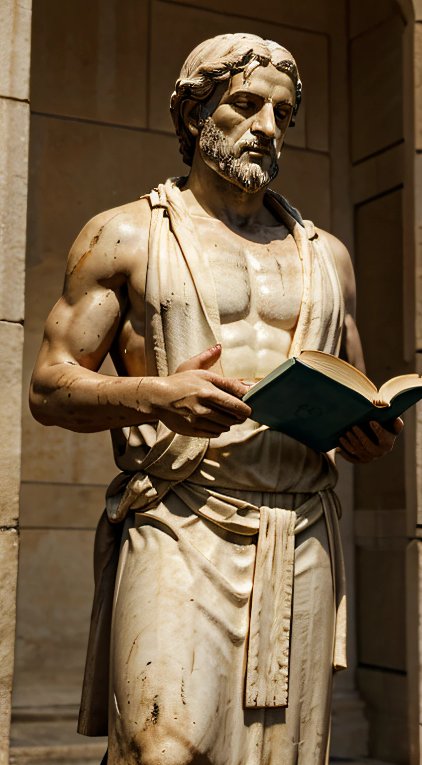 Classic Greek philosopher statue, male, wearing toga, standing, reading book in one hand, half-turned, full-length photo, hyper realistic