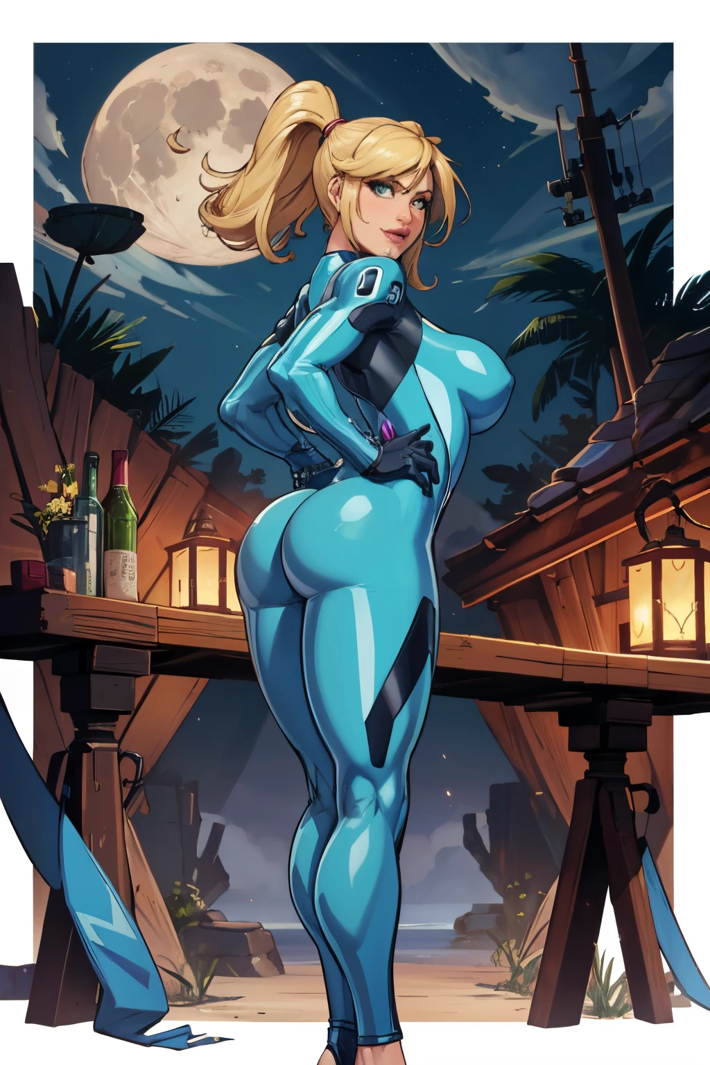 (Best Quality, 4k, Masterpiece :1.3), a handsome female, 1girl, (saggy breasts, attractive body :1.2), Sit-ups :1.1, Long straight blonde hair :1.1, ultra-detailed face, detailed lips, A detailed eye, 二重まぶた, open neckline, hanging breast, big breastes, Athletic body, standingn, visible curves, big breasts, Green eyes, Smiling, big ass, Standing, show more ass, hands on ass, crossed feet, Inside the Moon, Blue and sexy jumpsuit glued, pink lips, samus, Super Metroid , Blue Dense Combenisone, Hair gathered in a ponytail, big breastes, highheels, in full height