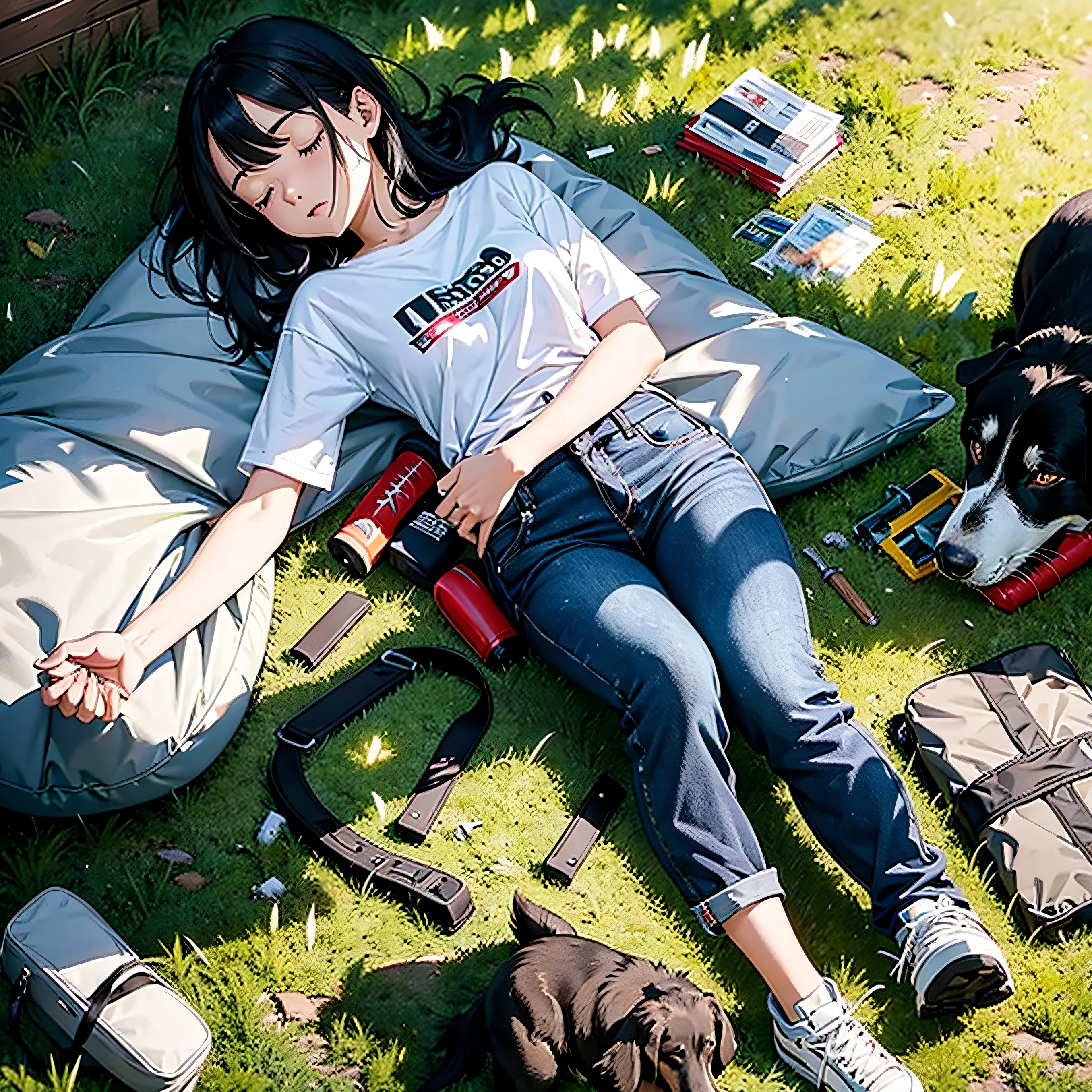 Araffe laying on the grass with a dog and a backpack - SeaArt AI