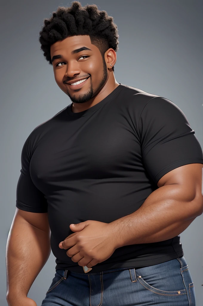 handsome and beautiful chubby black man smirking with natural dreadlock hair half body shot wearing a black t-shirt and jeans