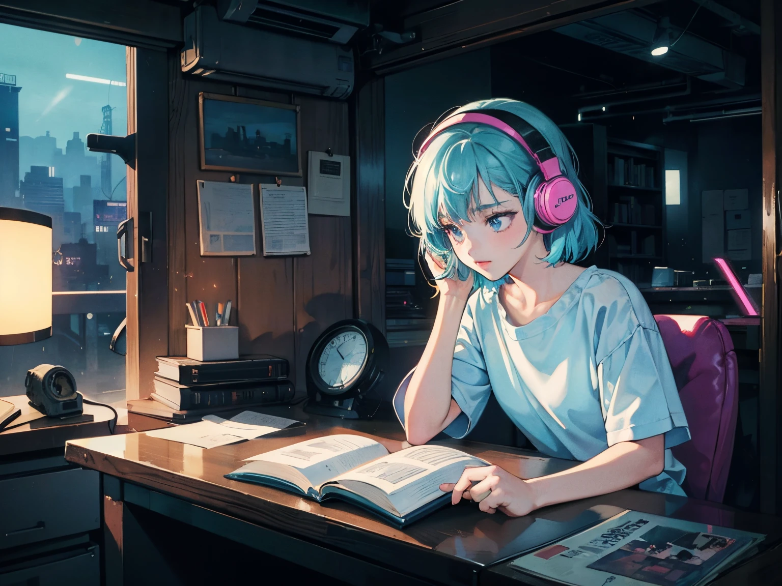 (Lofi), A girl studying on the table, reading a book, wearing a head phone, , night light, rainy day neon scape,analog color theme, Lo-fi hip hop , retrospective, flat, 2.5D ,line art, ink drawing, big ink line, watercolor, goauche color, studio Ghibli style, awesome colorful, outurn, synthwave, lofi art,90s style,old texture, amplitude,90s atmosphere, masterpiece, massive skills