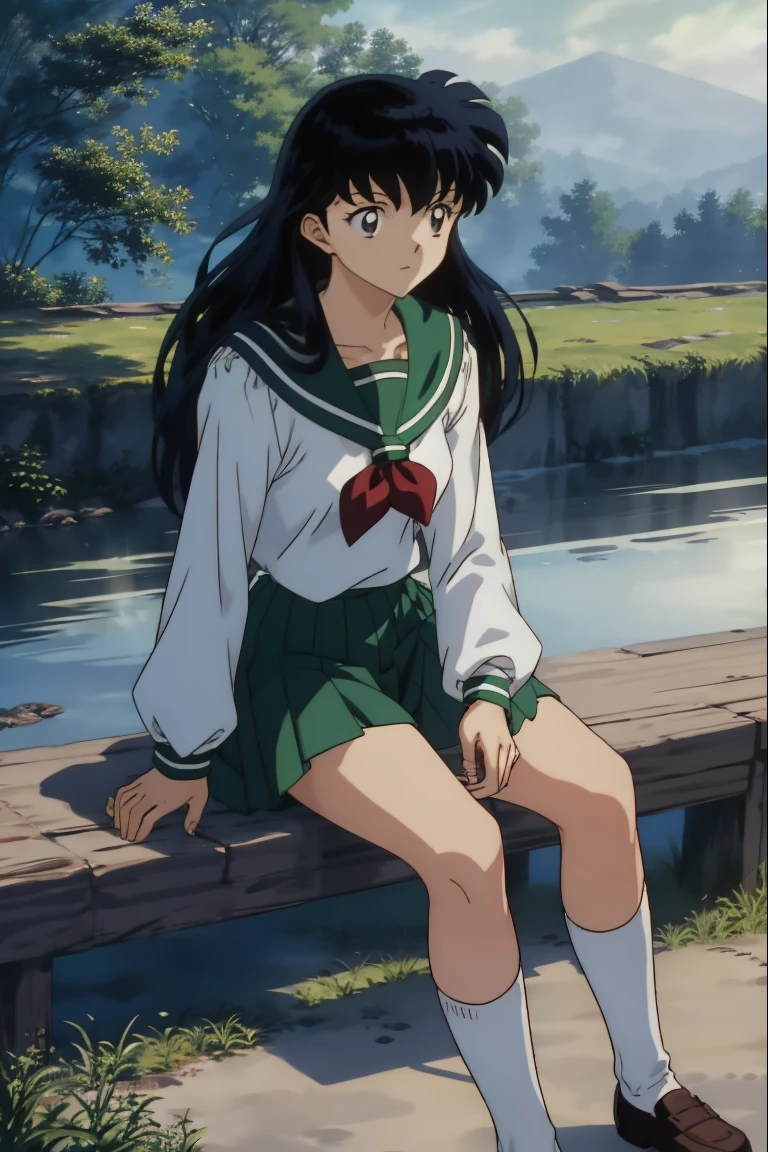 (Masterpiece: 1.6, Best Quality), (Fine Beautiful Eyes: 1.2), kagome higurashi, 1girl, solo, green school uniform, green legs, long sleeves, white socks, sitting, scenery,