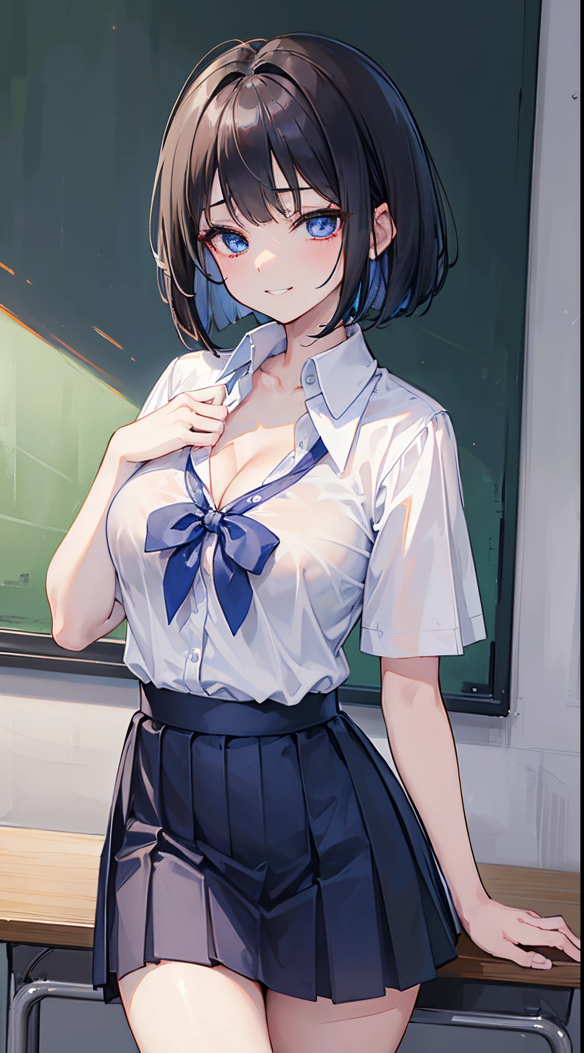 (8K、Top image quality、top-quality、​masterpiece)、1 girl in、Dark hair、bob cuts、blue eyess、smirk grin、耳Nipple Ring、large full breasts、school uniform、Open chest、((White shirt))、shortsleeves、cleavage、Black Mini Pleated Skirt、thighs、cowboy  shot、POV、Classroom Background