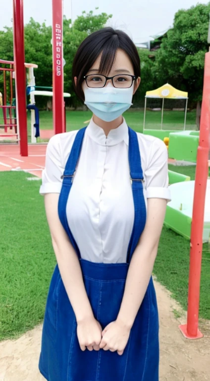 top-quality、Beautiful skin、(huge beautiful breasts、Ultramammy),Very slender、beautidful eyes、plain kindergarten teacher),Beautiful short hair、(pinafore)、Children's playground、Sober glasses