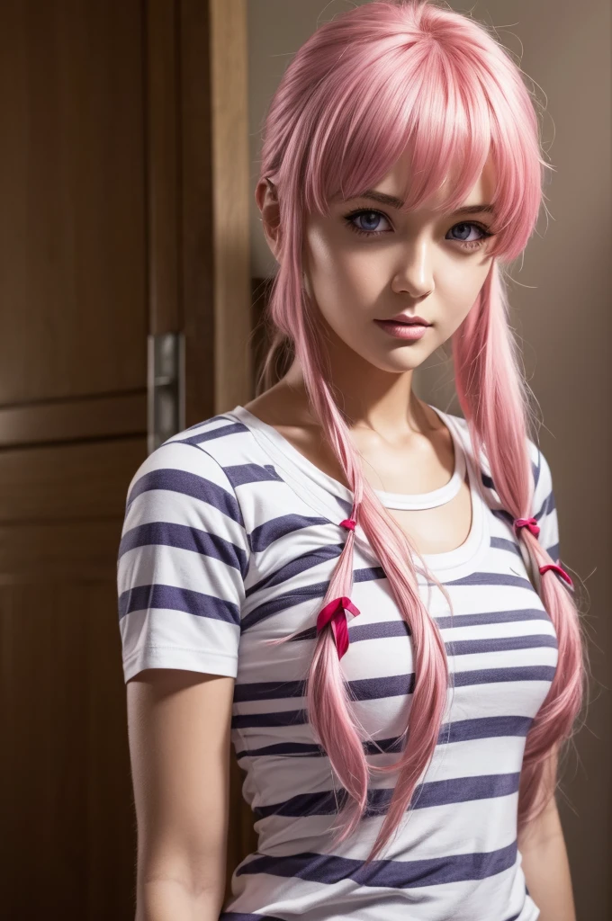 anime girl with pink long hair and purple eyes, wearing striped light green , white t-shirt, Yuno Gasai as a real person, digital anime art!!, [ 4 k digital art ]!!, seductive anime girl, looking at viewer, realistic anime art style, digital anime art, digital anime illustration, anime digital art, hdr, hyper realistic, realistic art