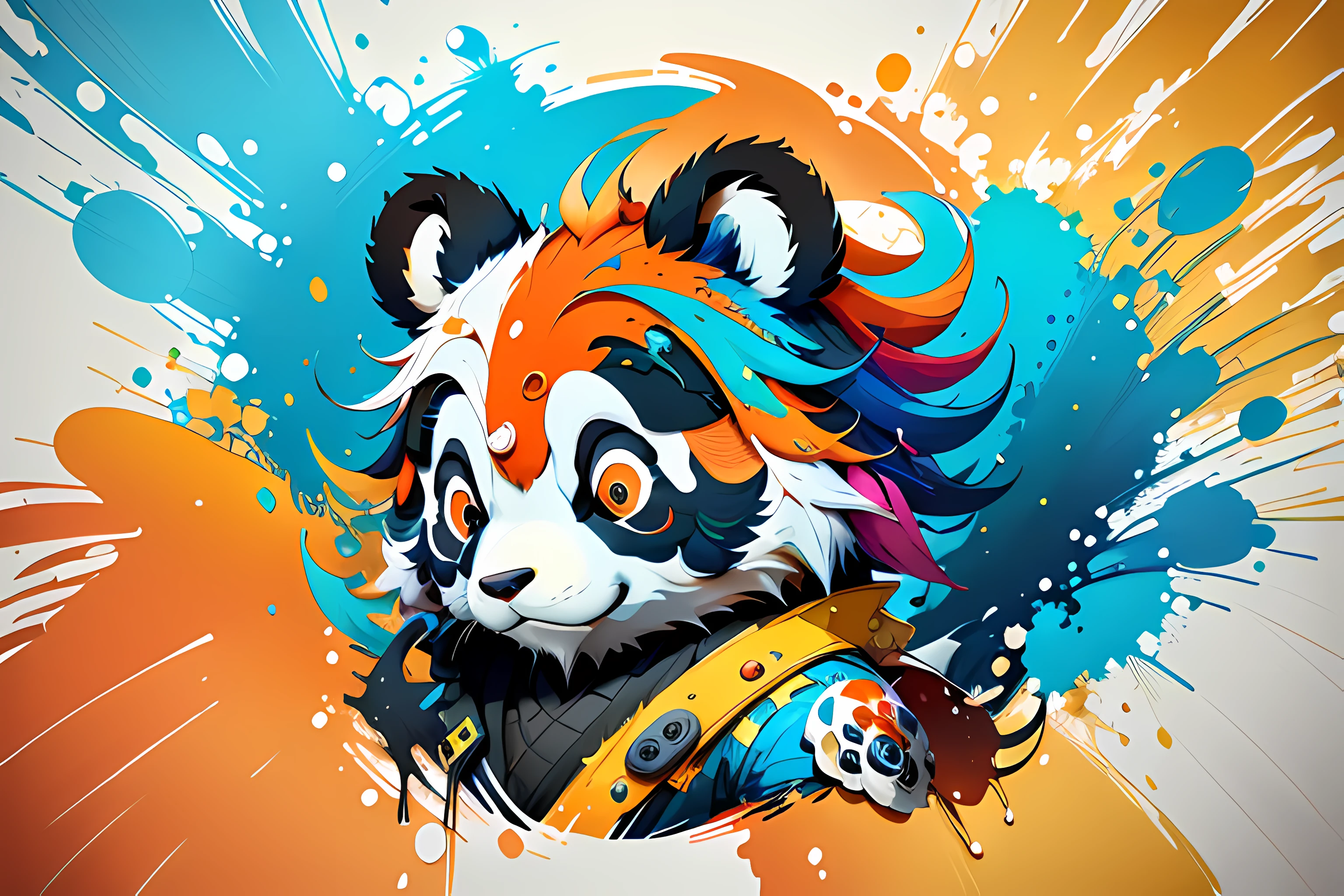 Twisted art of vibrant colorful panda faces，in the form of a future shield，Comes with brush tricks and splatter effects