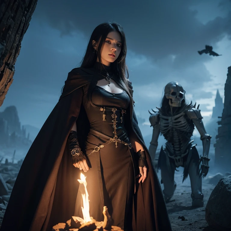 female mage，Hung in，，Background many monsterackground many skeletons