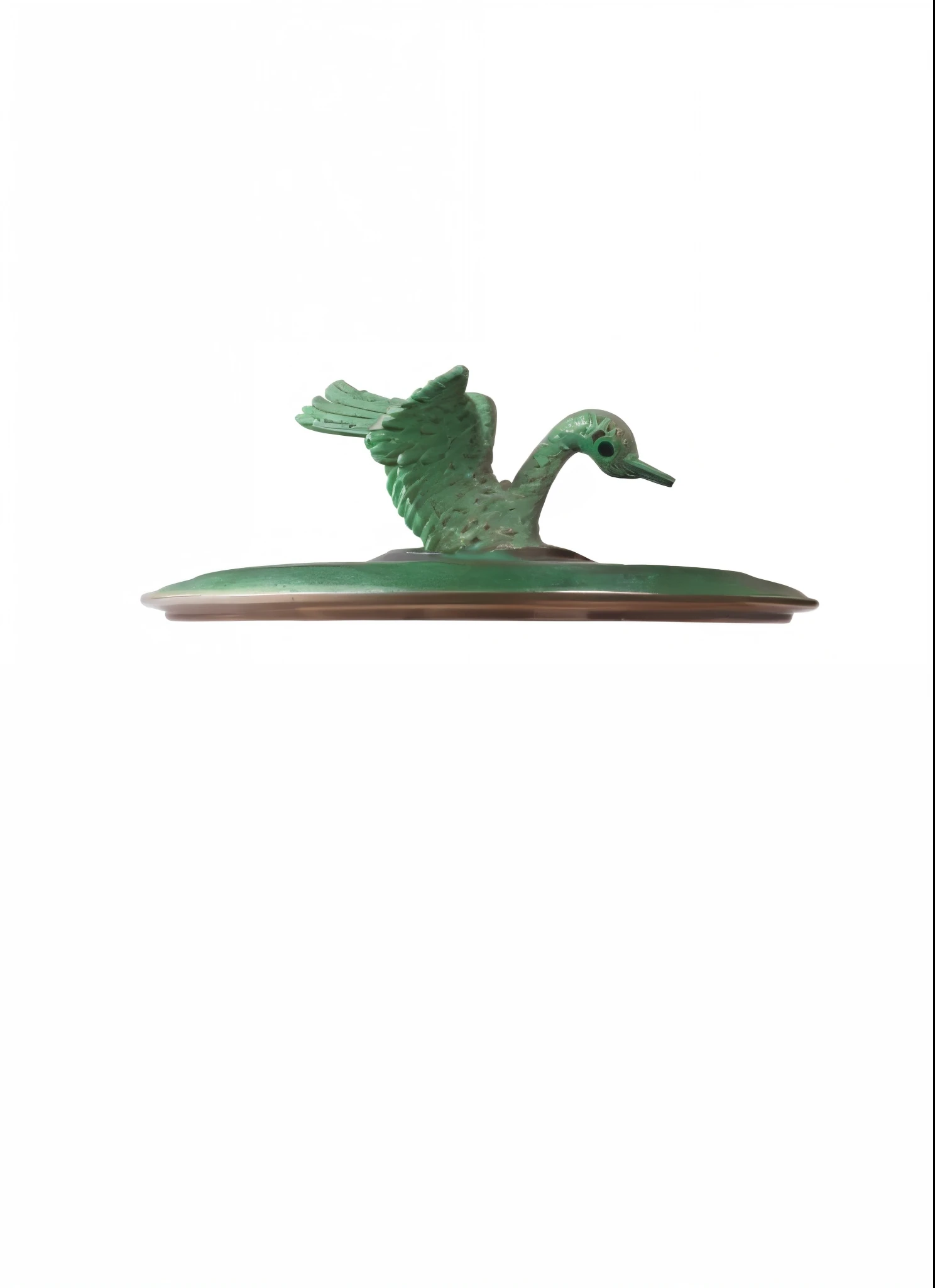 Bronze ware, bronze, bronze green, bronze crane, wings, there a green sculpture of a crane on a Cup cover