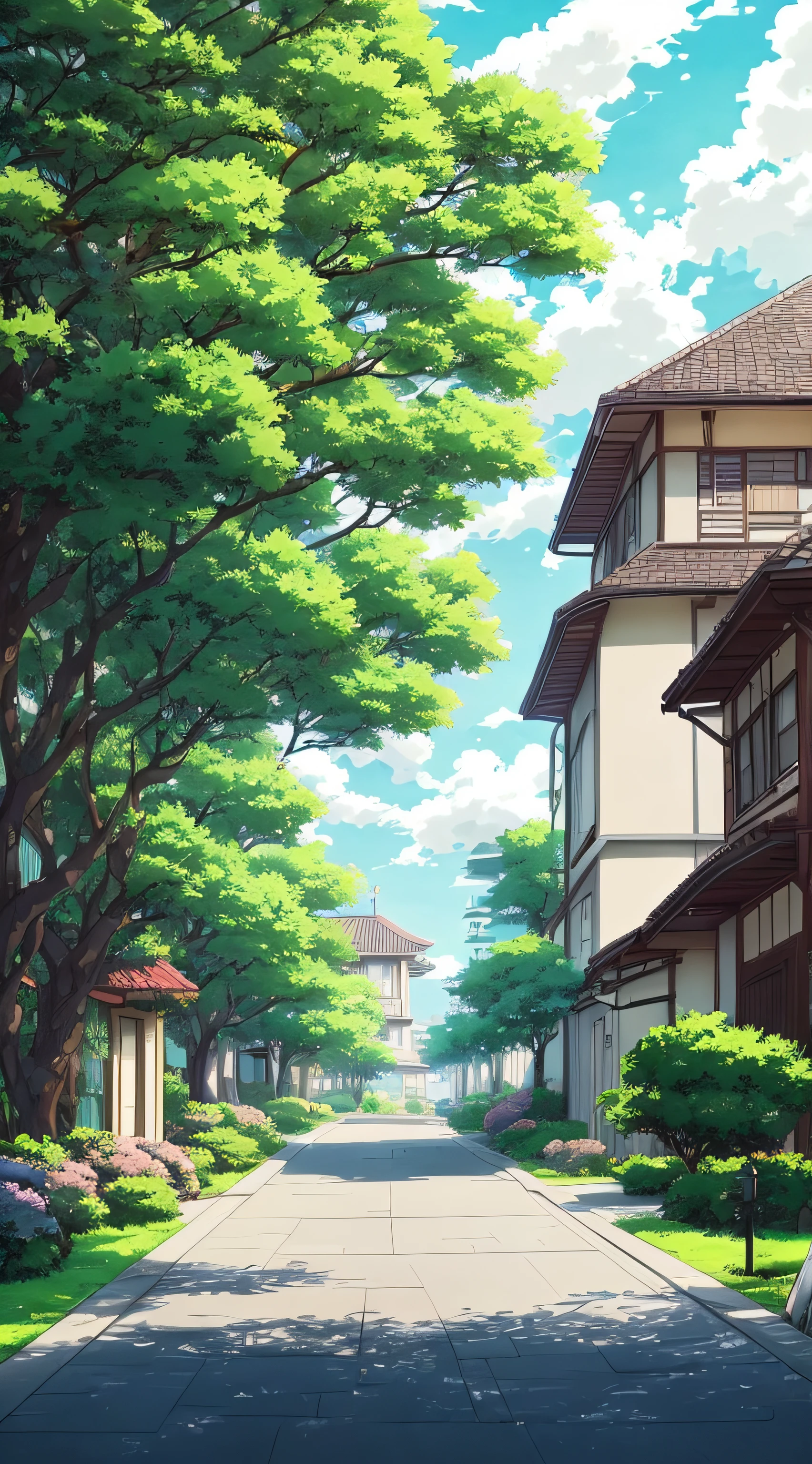 anime landscape, anime background art, anime style cityscape, anime beautiful peace scene, beautiful anime scenery, beautiful anime scene, anime country scenery, street, house, green tree, anime landscape concept art, anime scenery, anime background, town background