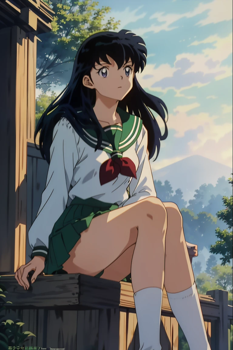 (Masterpiece: 1.6, Best Quality), (Fine Beautiful Eyes: 1.2), kagome higurashi, 1girl, solo, green school uniform, soft thighs , long sleeves, white socks, sitting, scenery,