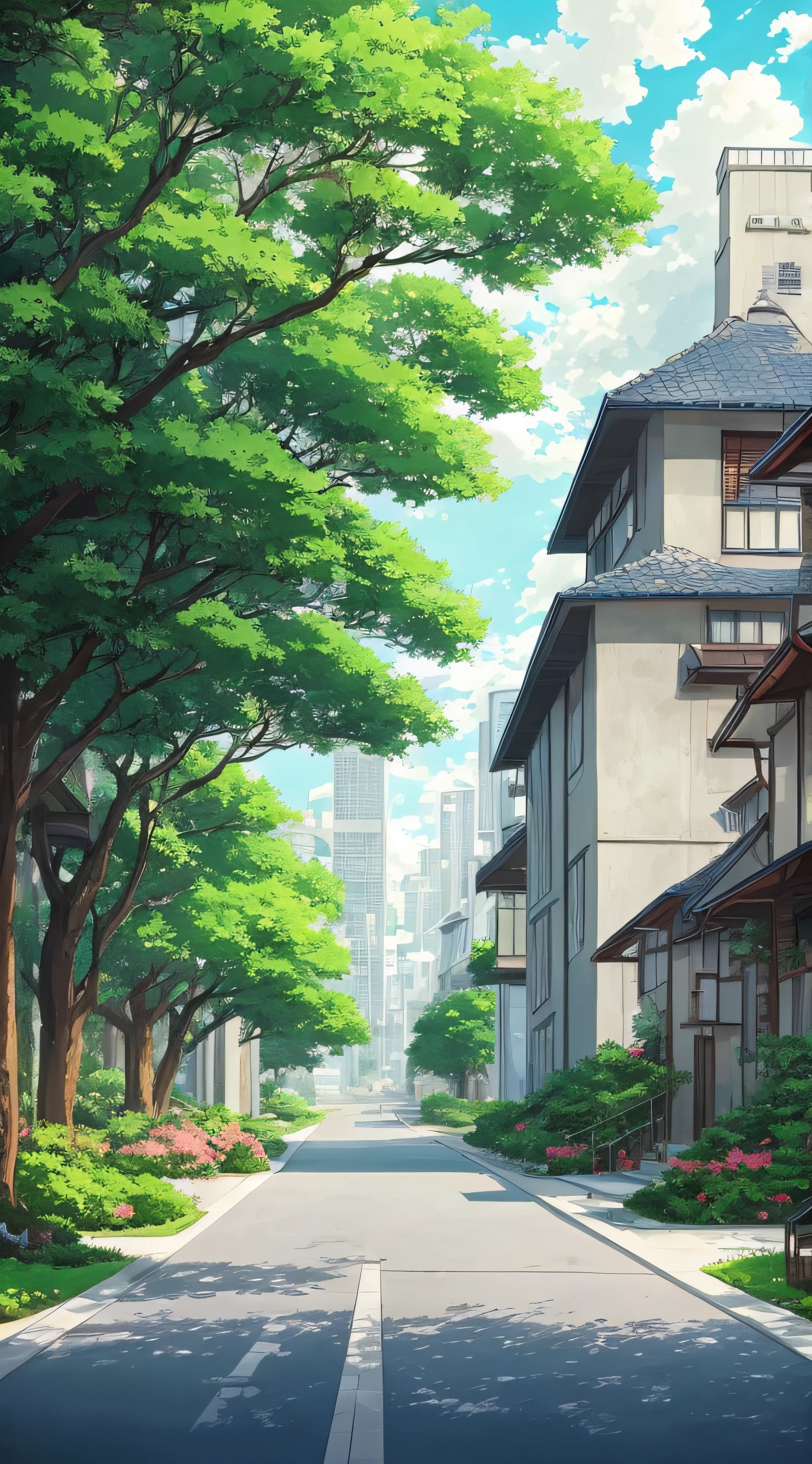 anime landscape, anime background art, anime style cityscape, anime beautiful peace scene, beautiful anime scenery, beautiful anime scene, anime country scenery, street, house, green tree, anime landscape concept art, anime scenery, anime background, town background