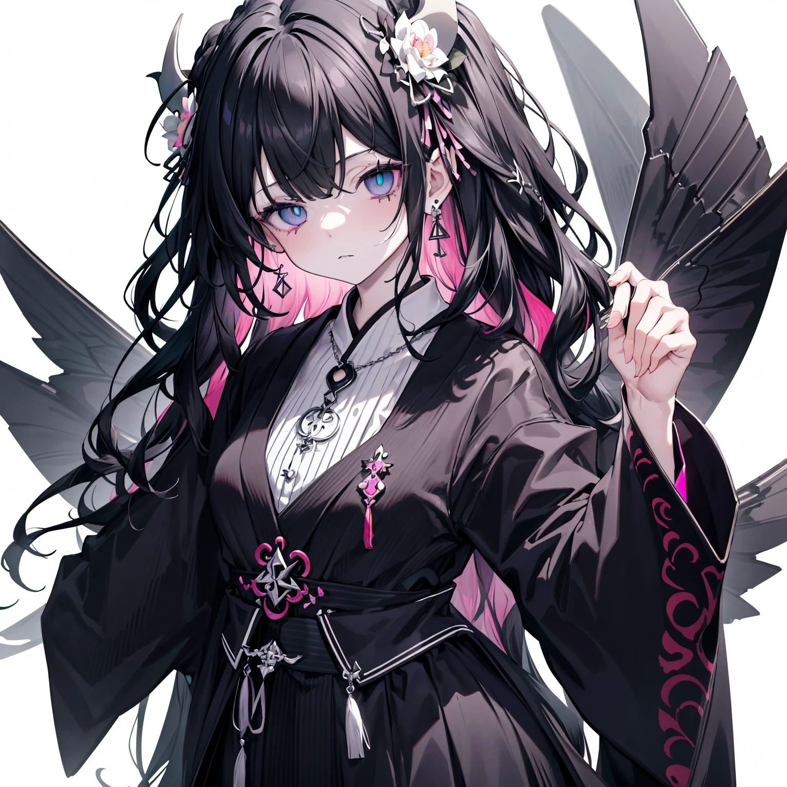 (masterpiece, absurdres, a high resolution, hyper-detailing, hdr, highres, best quality, high quality, 8k, beautiful lighting, ultra_detailed, highres, highest quality, beautiful, cute, digital art:1.2), (amazing details, detailed hair, detailed eyes:1.25), (perfect eyes, even eyes:1.4), (an anime drawing of a girl, anime styled, anime:1.1), looking at viewer, 1girl, girl, (solo:1.3), anime girl with black and white devil horns, (long wavy crazy hair:1.8), (white flower hair ornament with black leaf:1.1), ((rectangle earrings)), ((white cross necklace)), (bangs), (swepted angs:1.4), wispy bangs, frilled bangs, head, [-yeld an], (devil, demon, demon girl, pink wings), (gothic!!, gloomy style, pastel goth, creepy kawaii, goth girl, neon goth, emo girl, goth girl, aesthetic cute with flutter:1.6), [in style of cytus and deemo], (half body adaptable:1.99), (((close-up))), (black hair color:1.99), (cyan eyes:1.45), marked face, (black kimono:1.2), long dress, pale skin, (emotionless:1.2), white leggings, black and white thonged Japanese sandals, (ribbons: 0.1), (medium breasts:1.1), thin body, [butterflies], black color scheme, [mouth], (white background:1.8)