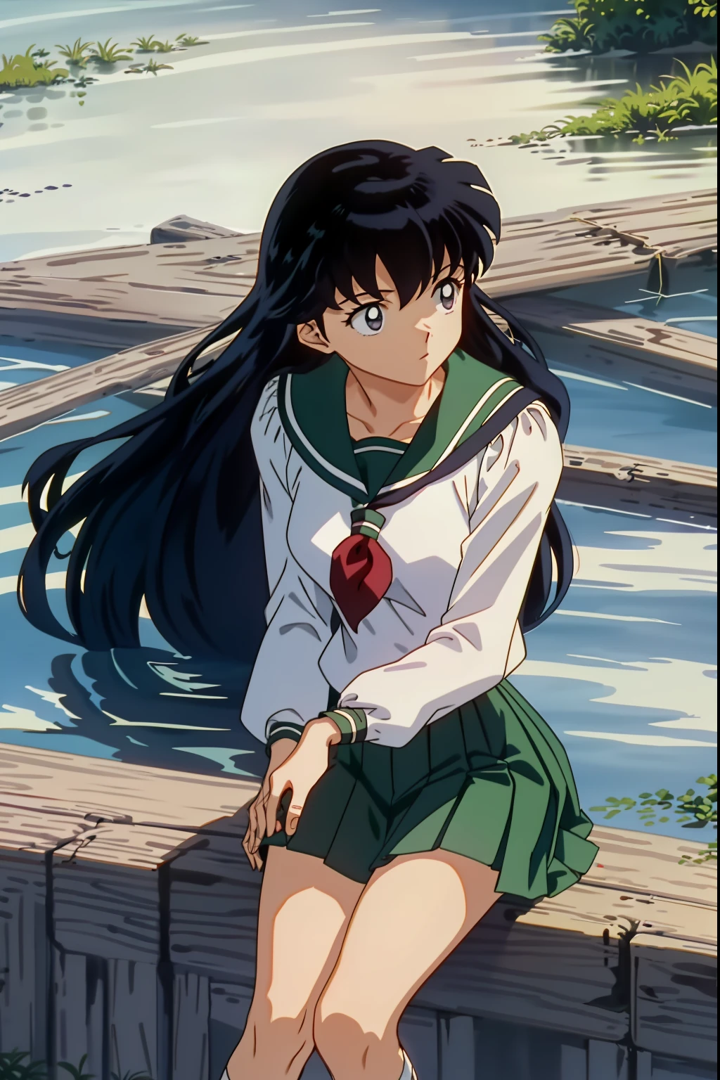 (巨作: 1.6, Best Quality), (beautiful beautiful eyes: 1.2), Kagome Higurashi, 1girl, 独奏, Green school uniform, Soft thighs , long-sleeved, white stockings, sitting, vista,