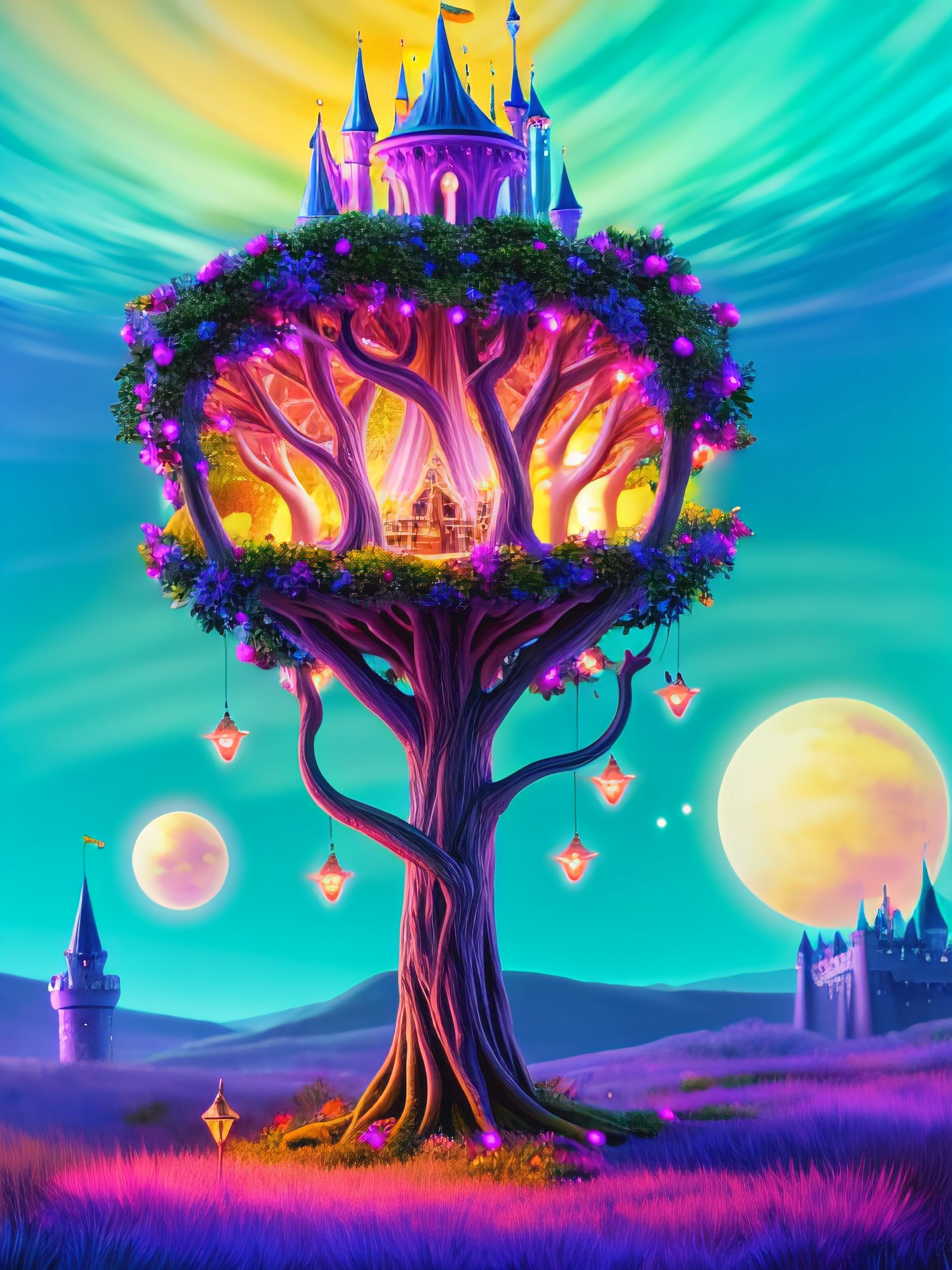 detailed high quality highres 8k high saturation enchanted tree containing a magical kingdom at night