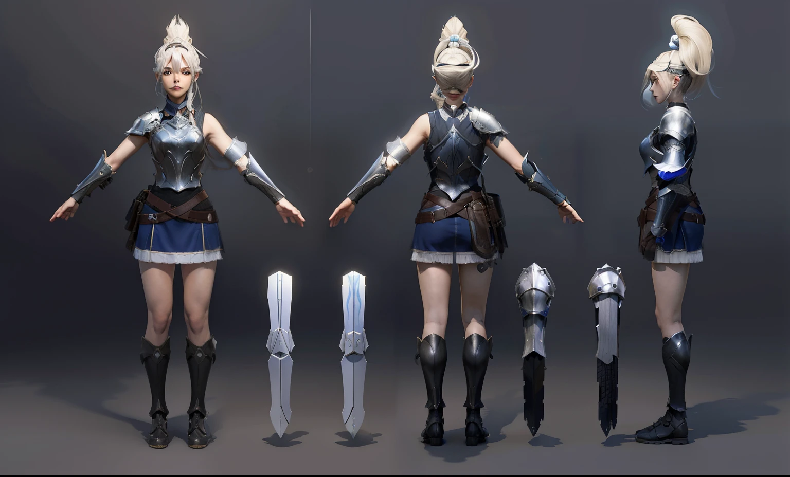 (masterpiece:1.1),(highest quality:1.1),(HDR:1),extreme quality, a close up of a person in armor, full body character concept, full body concept, detailed full body concept art, concept armor, detailed full body concept, full body concept art, England soldier style character, game character design, concept character, full body character concept art, 3 d character reference sheet, female, video game character concept, detailed character design, character sheet, character model sheet turnaround , front and back, front and back, Paladin wearing Silver Chain Armor with Moonlit Edges, red shorts skirt inside
