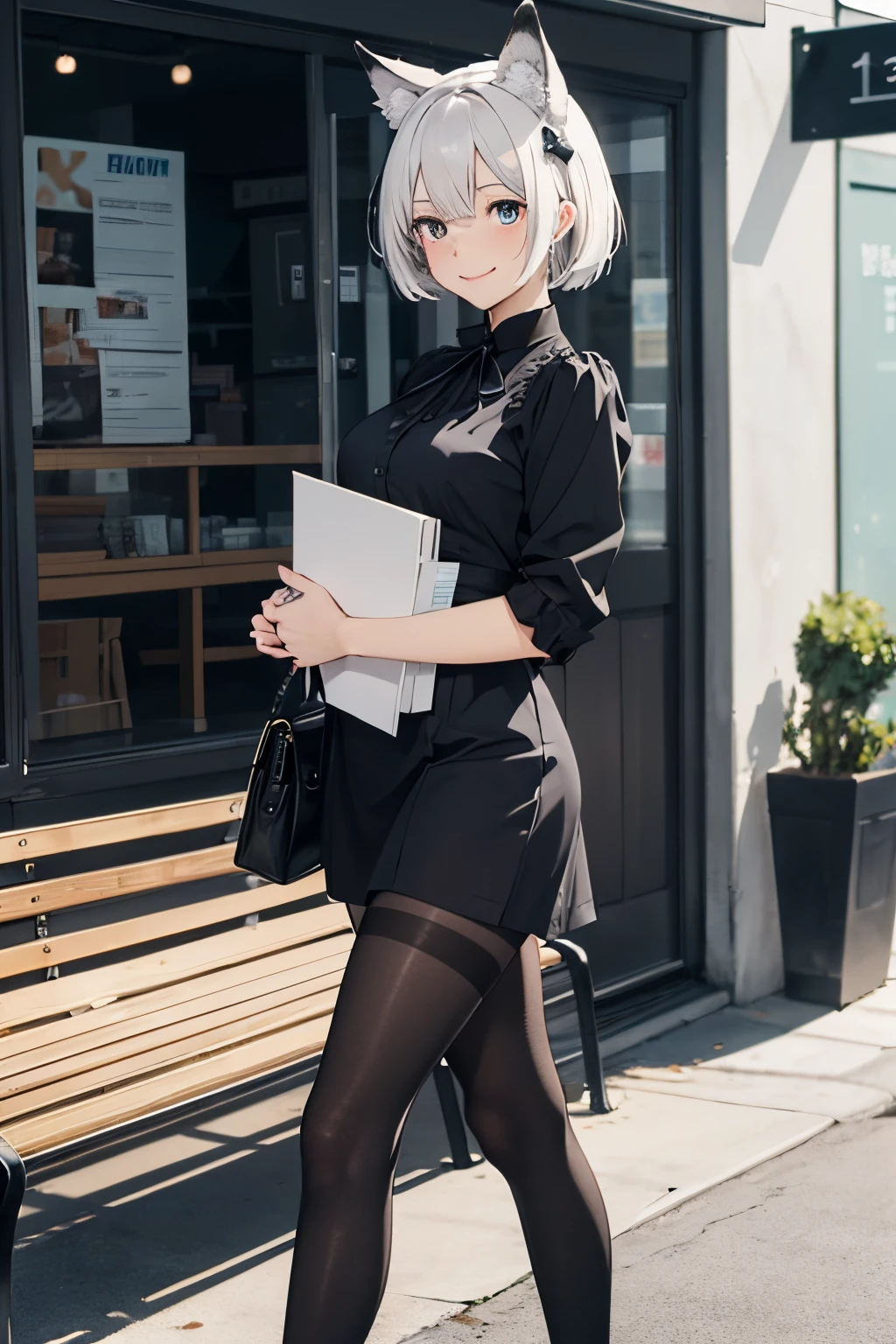 masutepiece high-level image quality Top image quality 8K Lady(Soio) portlate cabin attendant blouse(a black ribbon) tight skirts pumps(high-heels) Black tights((Nero)(pantyhose)(Thick)) Wolf ears short-cut((White hair)(fluffly)) Eye color is blue Background with(Building Street) a smile(A sexy) Carry Case