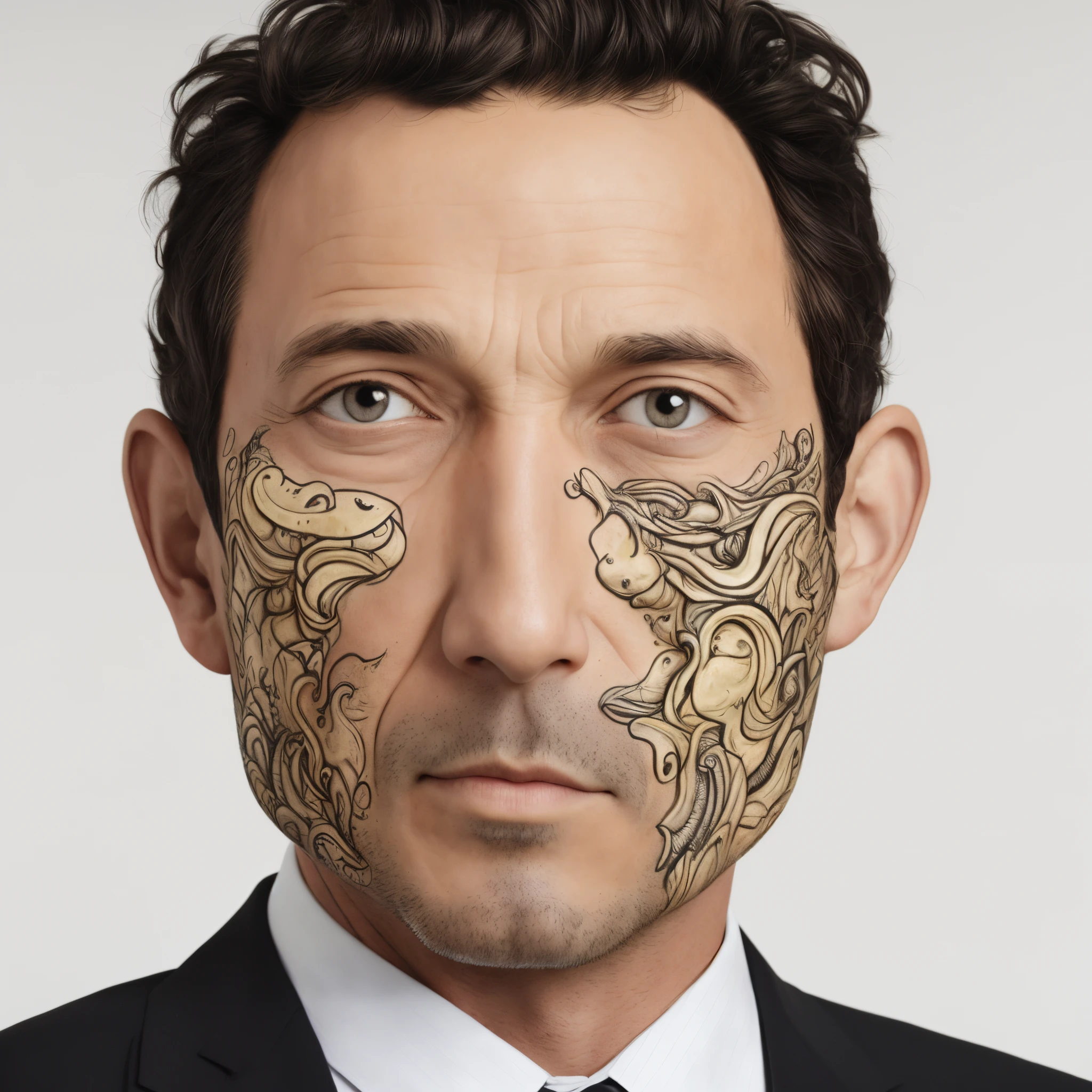 Arafe man with a dragon and a dragon drawn on his face, Inspired by Karel Dujardins, inspired by Hedi Xandt, face tattoo, hyperrealistic jeff goldblum, An ultra - realstic face, Inspired by Dino Valls, reptile face, Mechanical parts embedded in the face, An ultra - realstic face, with facial tattoo, Symmetrical face portrait, Complex patterns on the face