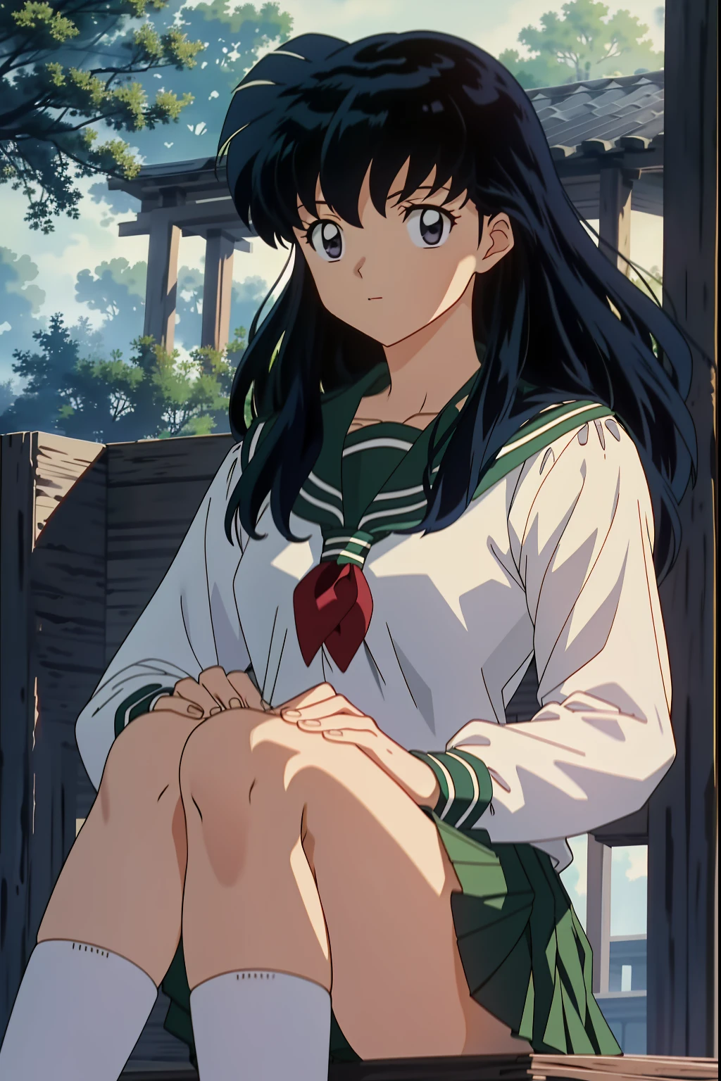 (Masterpiece: 1.6, Best Quality), (Fine Beautiful Eyes: 1.2), (best quality, masterpiece, highres), kagome higurashi, 1girl, solo, green school uniform, soft thighs , long sleeves, white socks, sitting, scenery,