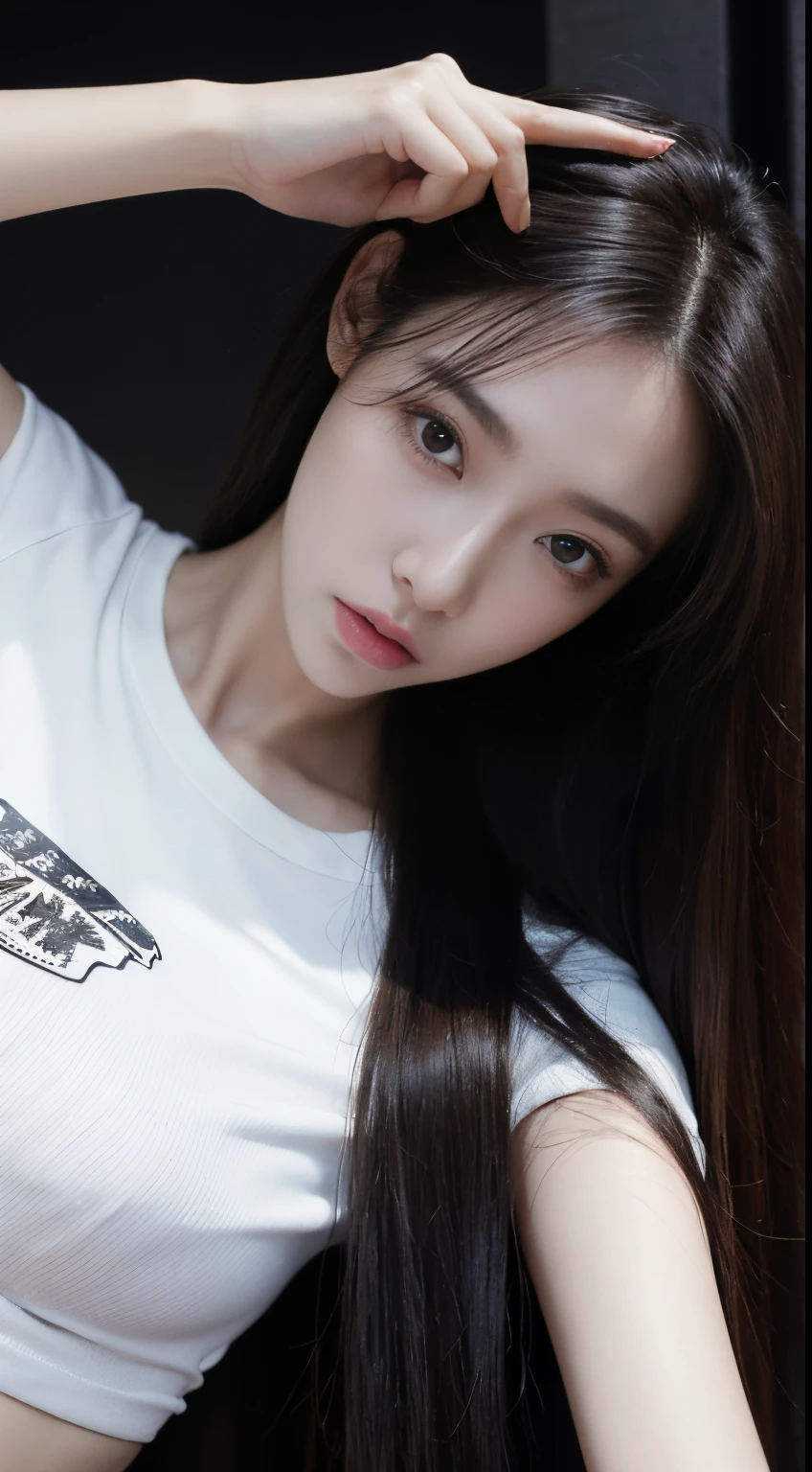 (Photorealistic),(Masterpiece),(ultra-detailed),a very close shot of very pretty tall idol girl but so busy that she had starved for a month so very close to fainting but somehow stays conscious for her fans and has extremely thin which are just bones and thinner than sticks and she is wearing a crop tshirt,ghostly appearance but beautiful