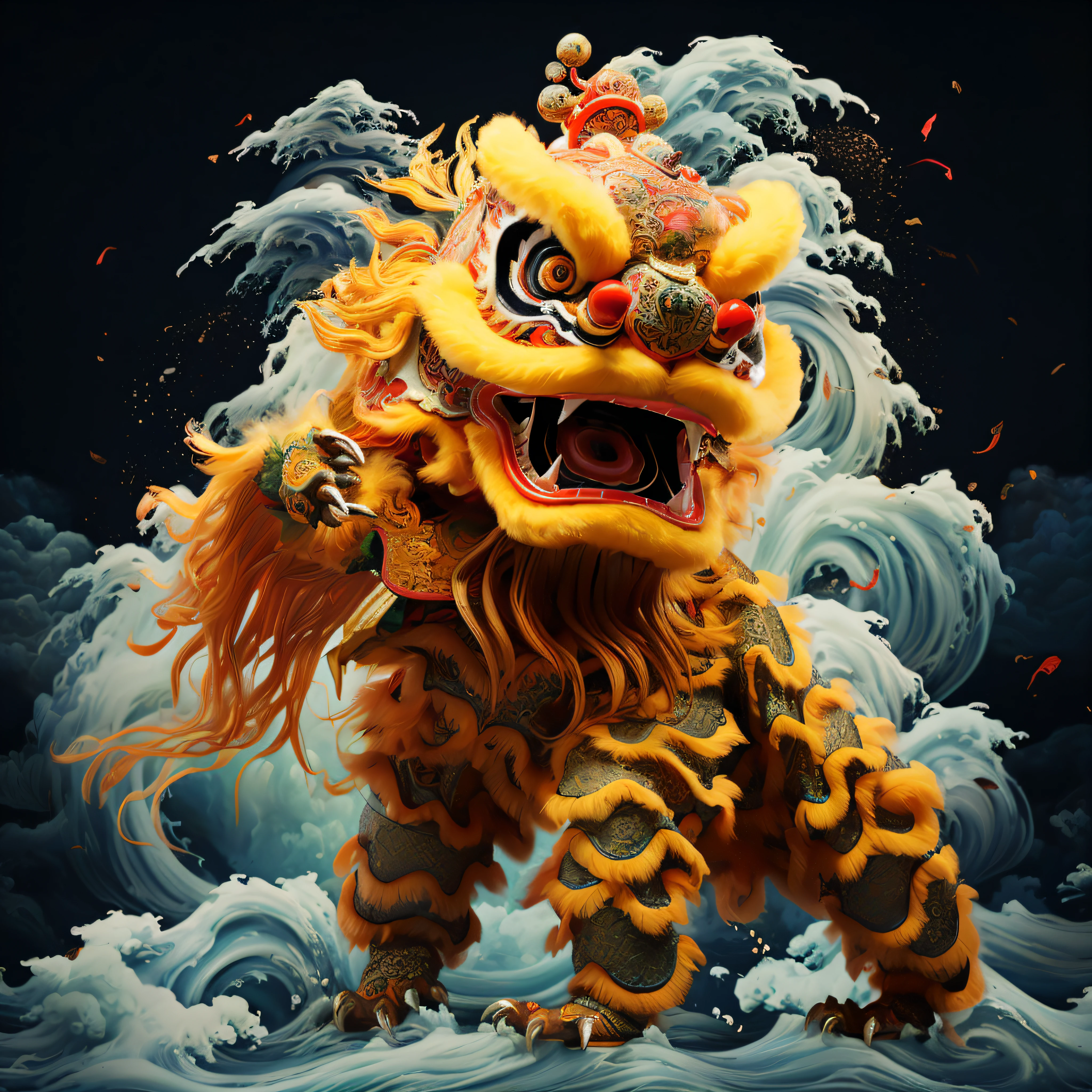 nose turns red、Federer lion with yellow mane standing in water, High detail digital art, Highly detailed digital artwork, Complex and gorgeous anime CGI style, chinesedragon, china silk 3d dragon, chinese dragon concept art, Detailed digital 3D art, Extremely detailed digital art, number art. Nipples are very delicate, Chinese mascot 3D model