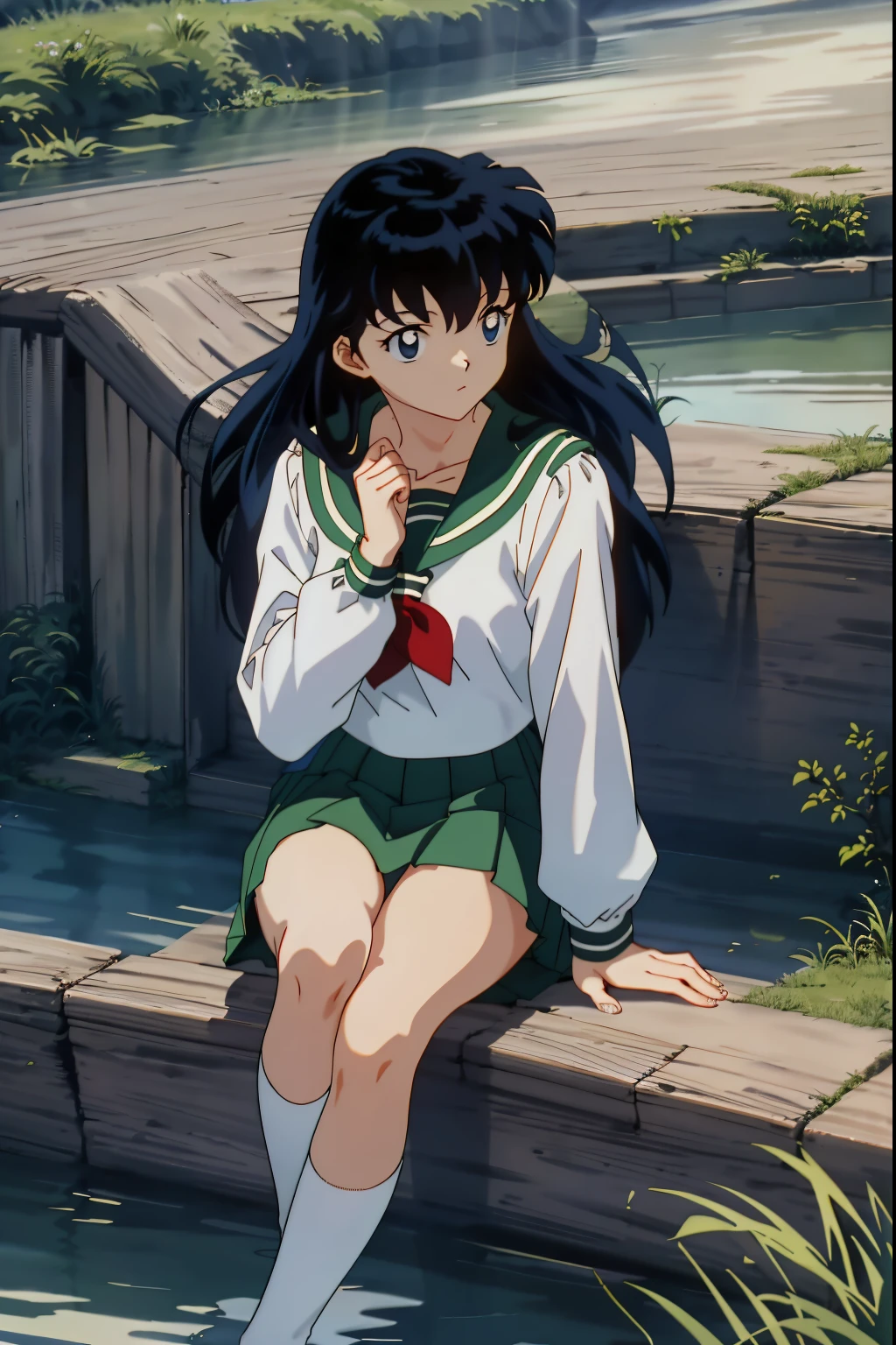 (Masterpiece: 1.6, Best Quality), (Fine Beautiful Eyes: 1.2), (best quality, masterpiece, highres), kagome higurashi, 1girl, solo, green school uniform, soft thighs , long sleeves, white socks, sitting, scenery,