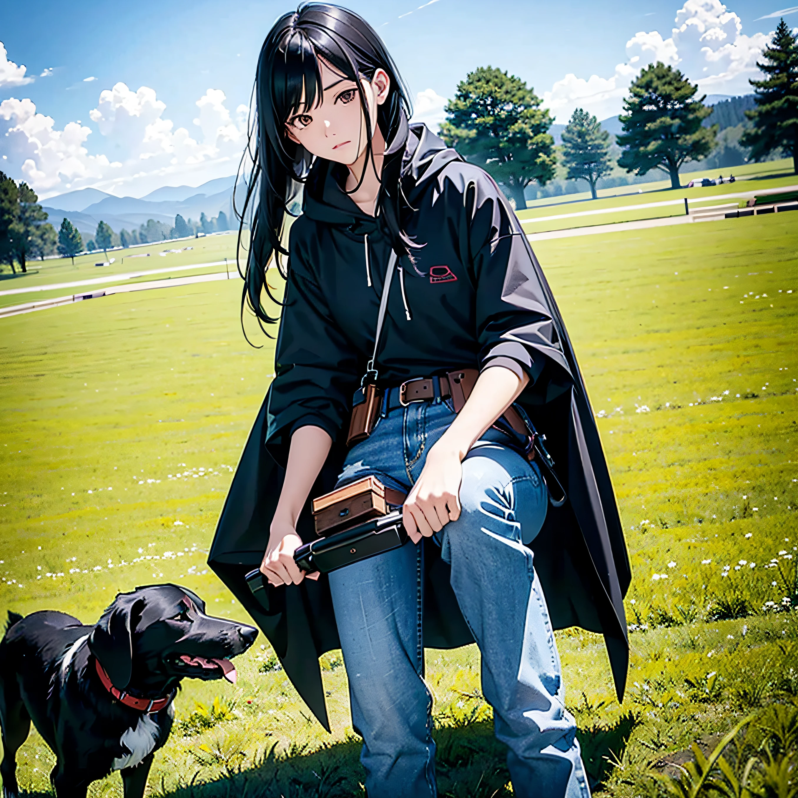 minimalism、Beautiful lively black-haired girl wearing jeans on the lawn, windproof cloak, hunting dog, and survival tools.、masutepiece、best composition、ultra-definition