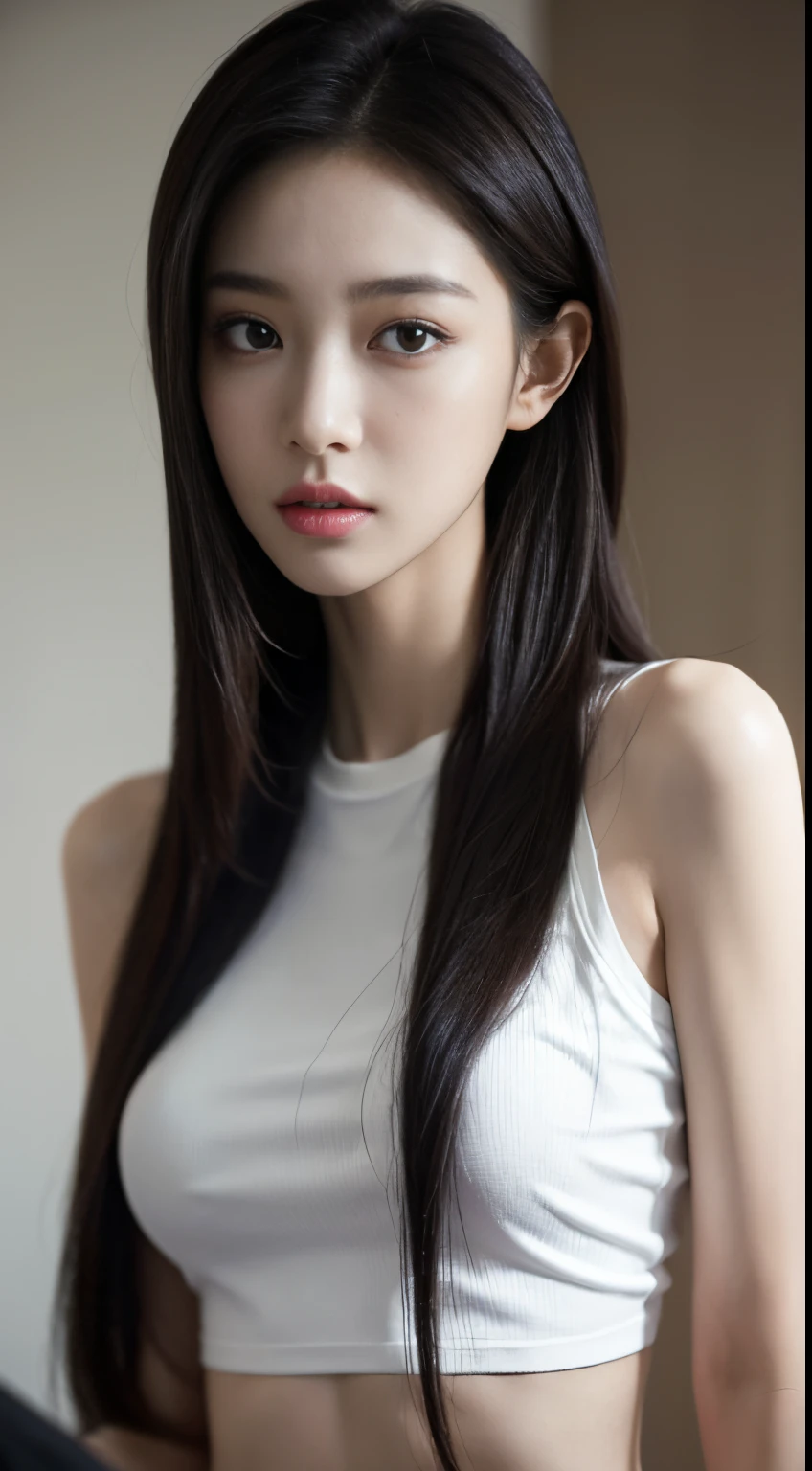 (lifelike,high resolution：1.3）， A slim girl， The face shape and eyes are super delicate,black hair,red glossy lips,(beautiful face), (best quality), (Super detailed), (Extremely detailed CG unified 8k wallpaper),((deep v shirt )),(White background),(cleavage),(Model photo),sexy look,big eyes,(standing),(air bangs),(Slim waistline),(SMALL BREASTS). looking at the camera